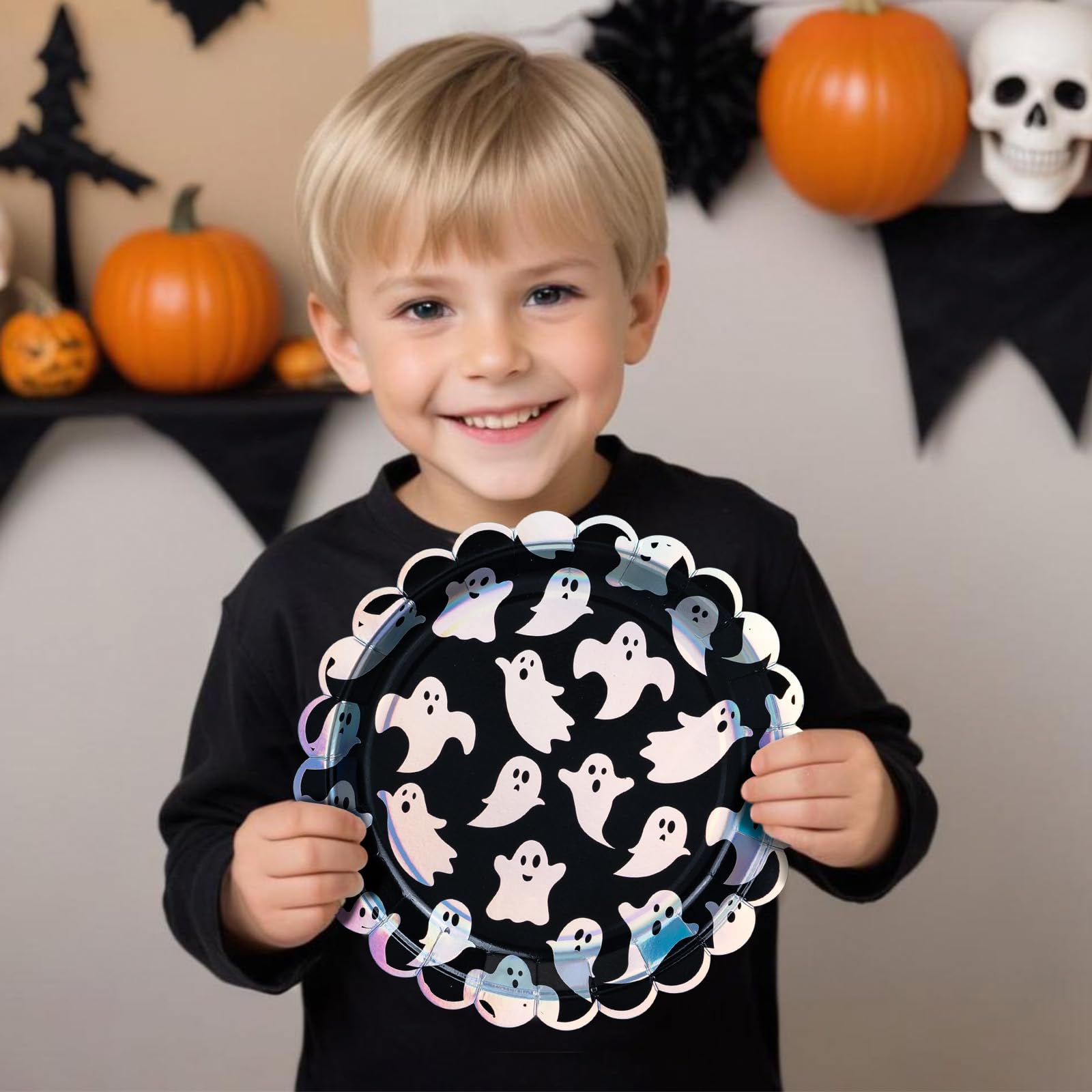 50-Count Halloween Paper Plates - Disposable Scalloped Dinner Plates with Ghost Pattern & Iridescent Silver Foil - Perfect for Halloween Parties, Trick-or-Treat Events & Spooky Dinner Decorations