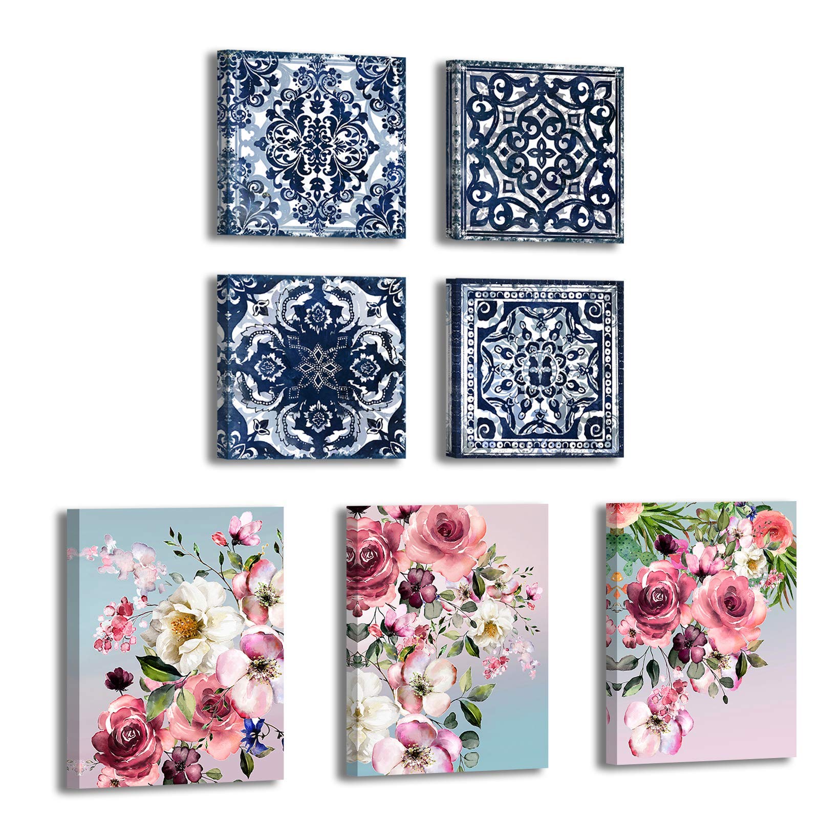Blue Floral Canvas Wall Art - Handmade Flower Wall Decor for Bedroom, Living Room & Girls Room - Perfect Christmas Home Decor & Unique Gift Idea