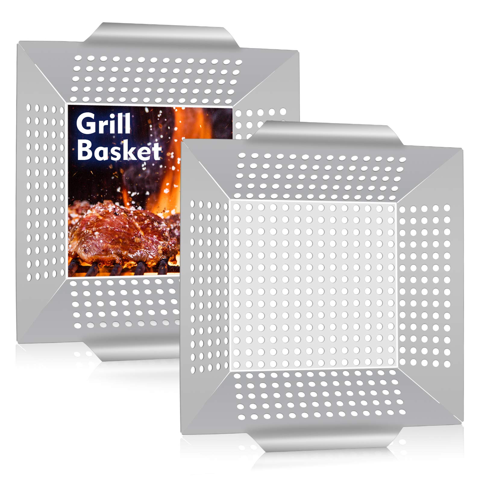 12 Inch Stainless Steel Grill Basket - Heavy Duty BBQ Grilling Wok for Vegetables, Kabobs, Shrimp & More - Dishwasher Safe Cooking Accessories for Gas, Charcoal & Electric Grills (2 Pack) - Perfect for Backyard BBQs, Camping & Outdoor Cooking