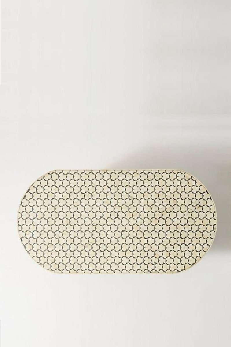Handmade White Bone Inlay Moroccan Coffee Table - Oval Shape Boho Chic Furniture for Living Room | Stylish Centerpiece for Home Decor & Conversation Area