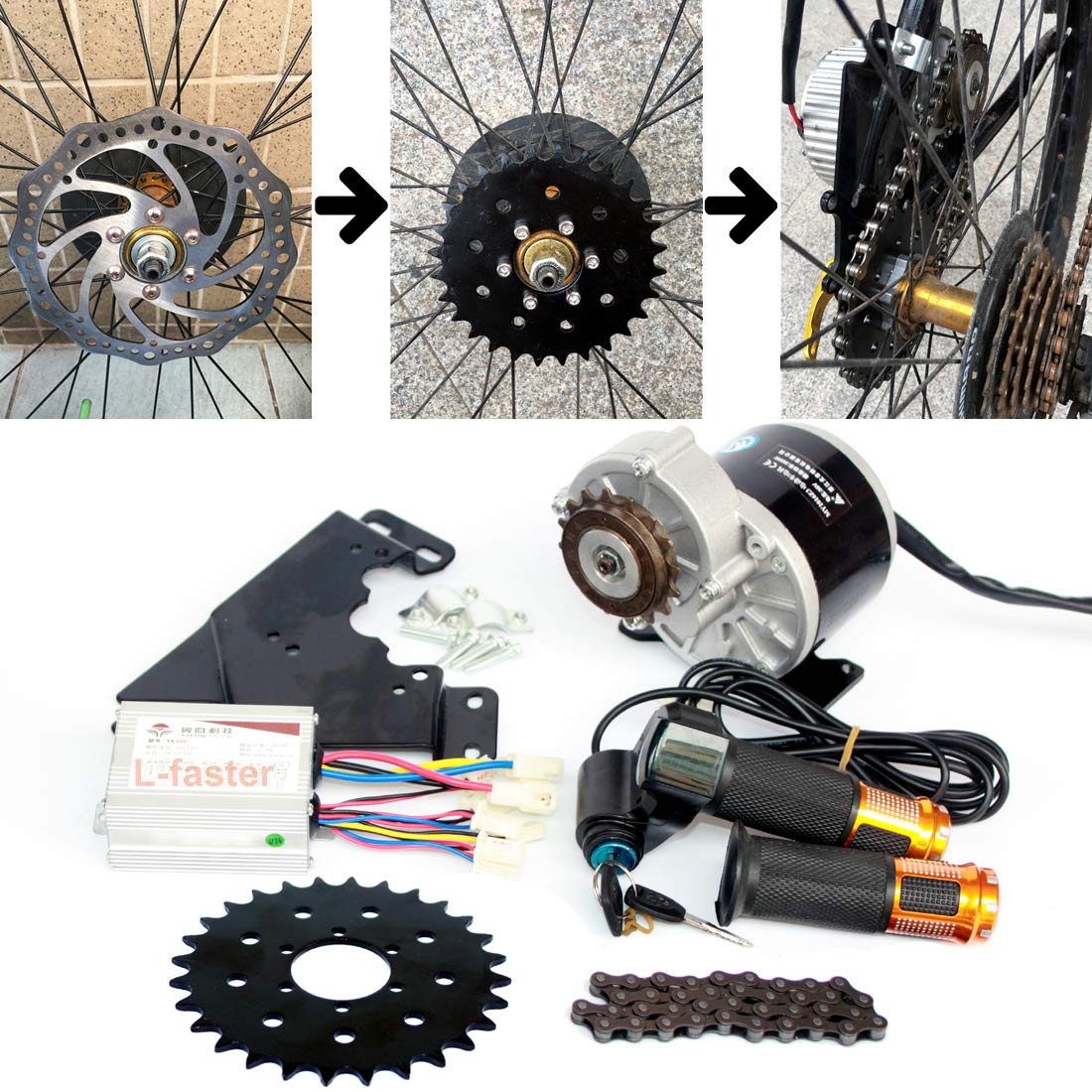 L-faster 24V/36V 350W Electric Bike Conversion Kit - Custom Sprocket for 44mm Disc Brake - Affordable Mountain Bike Motor Kit for DIY E-Bike Conversion - Perfect for Commuting & Off-Road Adventures