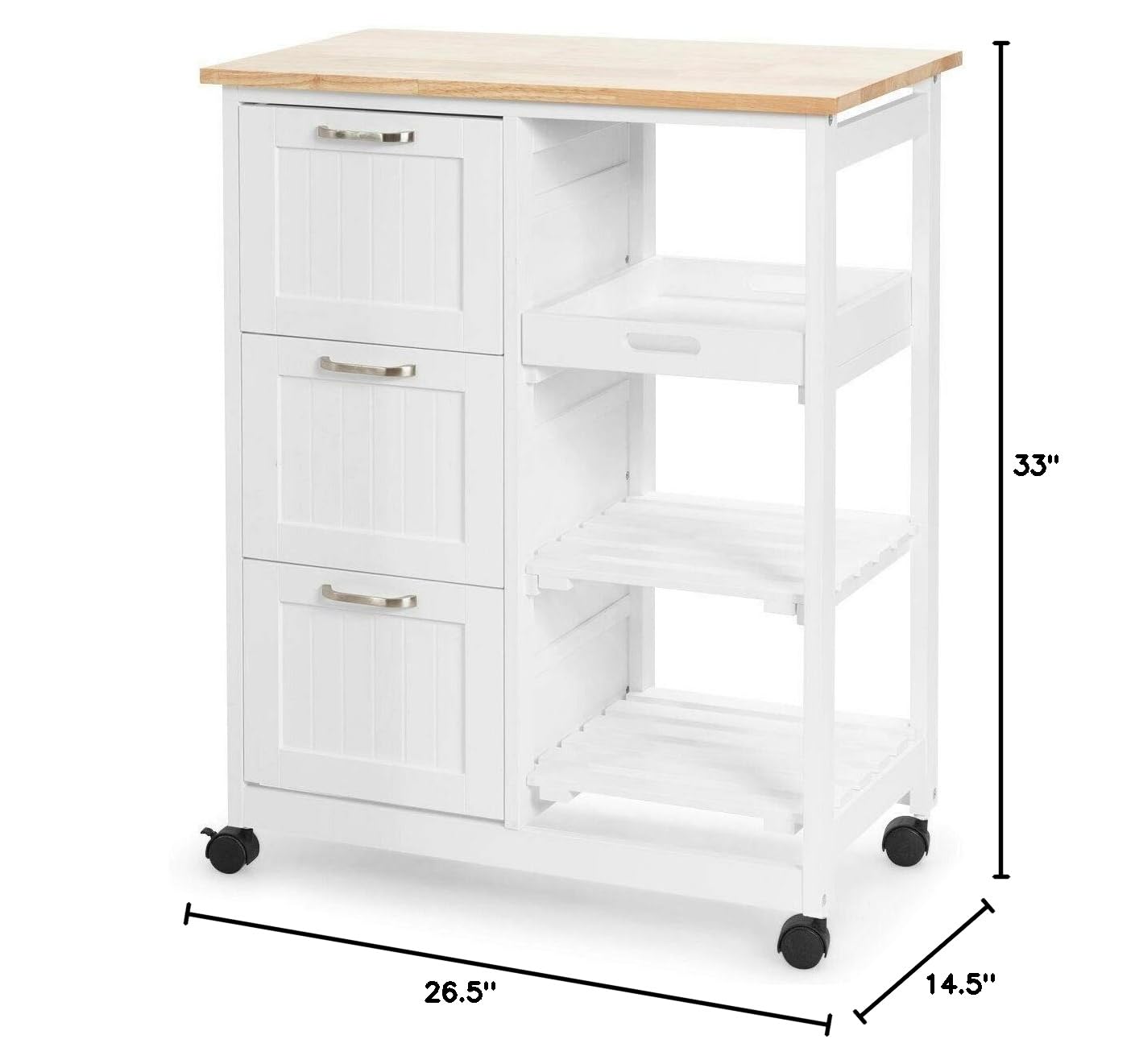 3-Tier Rolling Kitchen Island Cart with Wheels & Storage Drawers - Industrial Wood Serving Cart, Mobile Storage Cabinet for Kitchen, Dining Room, or Bar - White