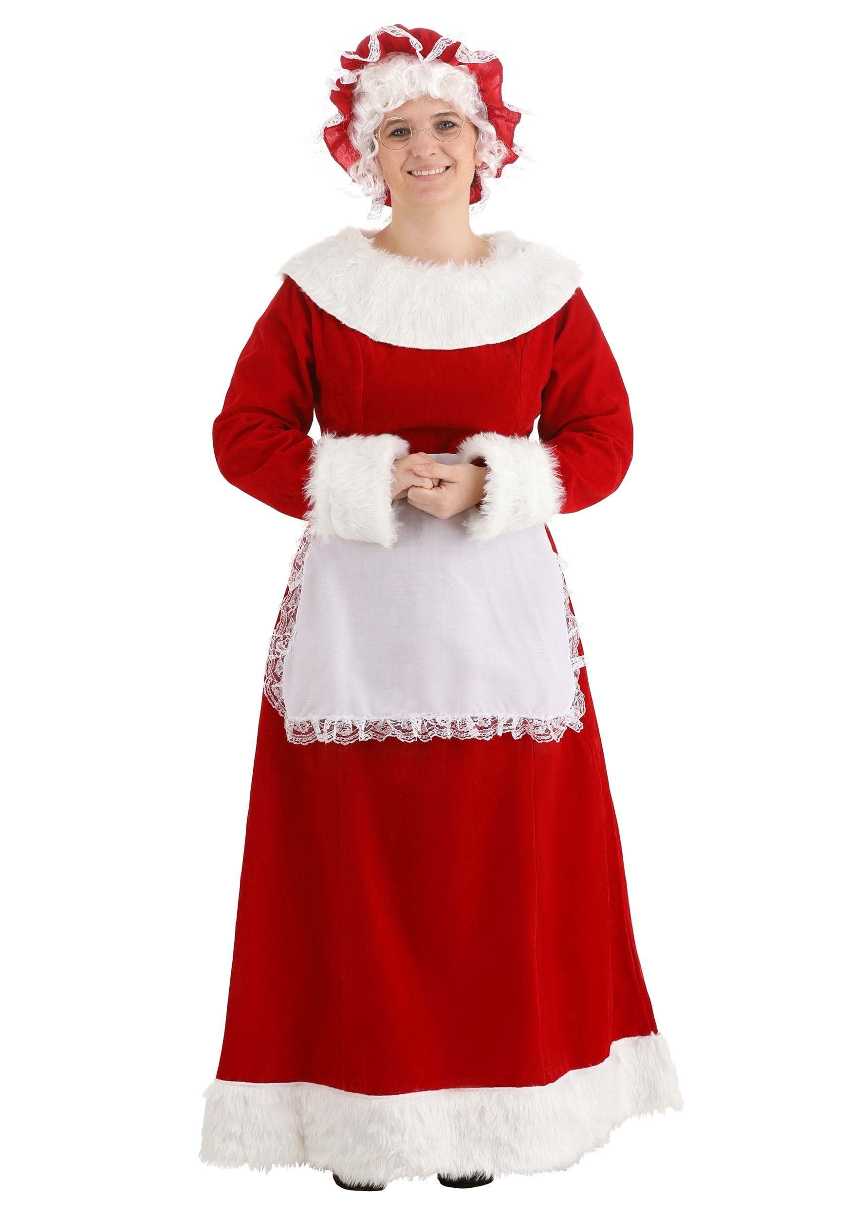 Mrs. Claus Costume for Women - Red Santa Dress with White Fur Trim, Matching Bonnet & Apron Set | Christmas Party, Holiday Cosplay, Themed Events