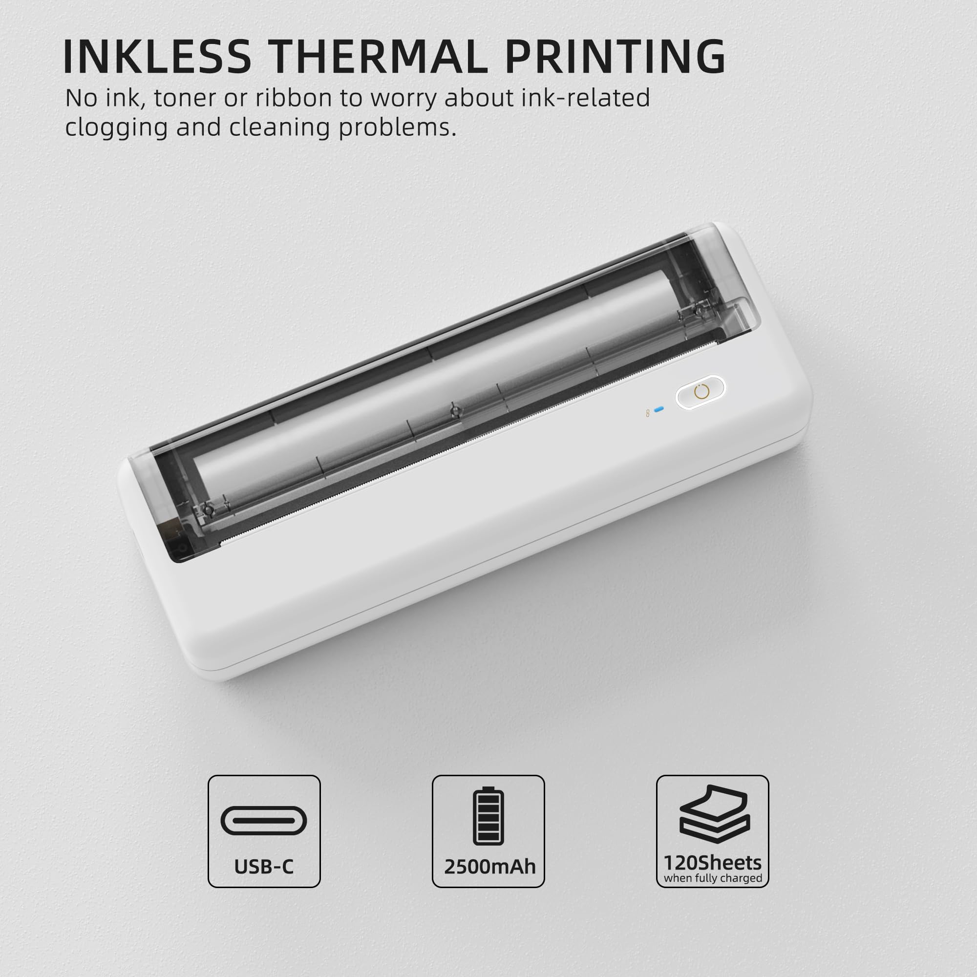 Wireless Thermal Printer for Home Office & Travel - Compact, Inkless, Works with 8