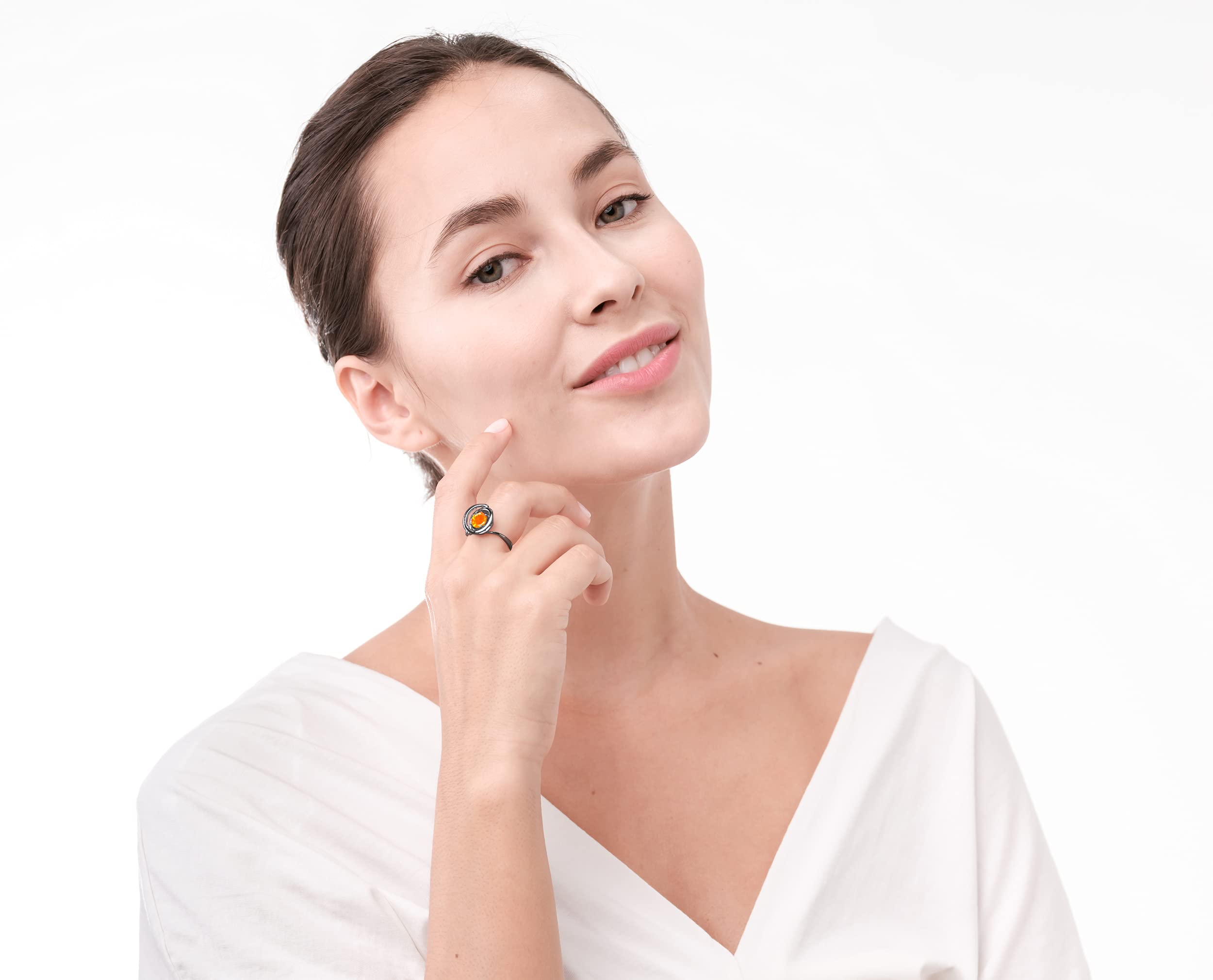 Fire Opal Ring for Women - Solitaire October Birthstone Sterling Silver Ring - Unique Wave Circle Black Ring for Everyday Wear & Special Occasions