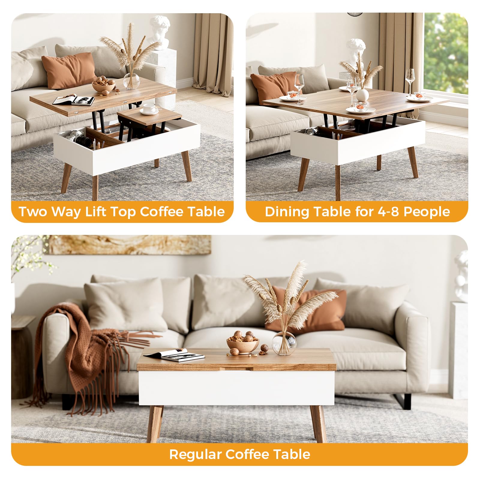3 in 1 Lift Top Coffee Table - Easy 10-Minute Assembly, Convertible to Dining Table & Work Desk with Storage, Walnut Finish - Perfect for Small Spaces, Home Office & Living Room