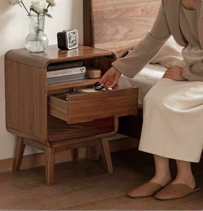 Black Walnut Solid Wood Modern Nightstand - Small Bedside Table with Storage Drawer for Bedroom, Living Room, or Office