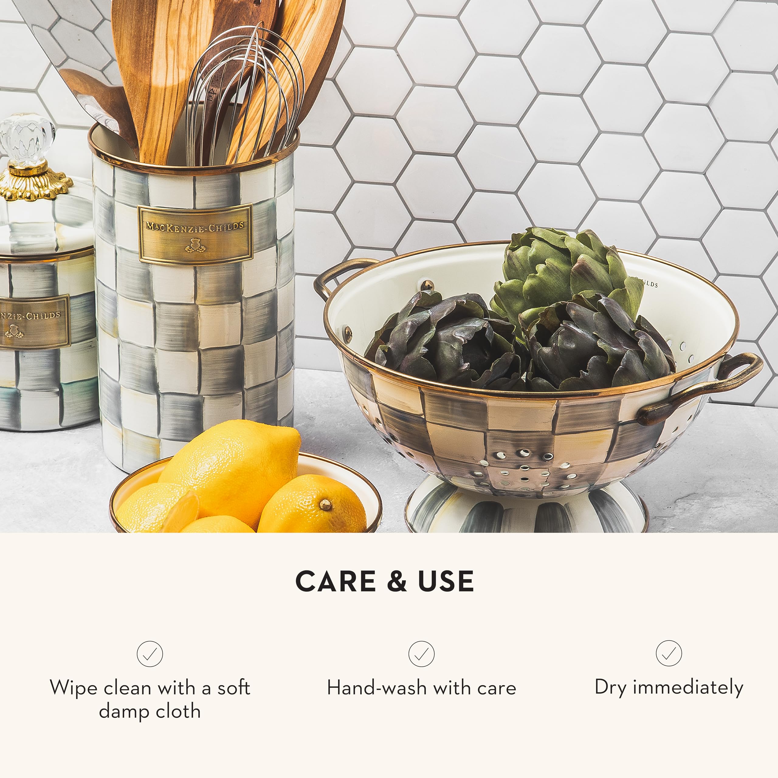 MACKENZIE-CHILDS Enamel Kitchen Utensil Holder - Countertop Storage Caddy Organizer in Gray & White Sterling Check Pattern - Perfect for Farmhouse, Cottage & Modern Kitchens