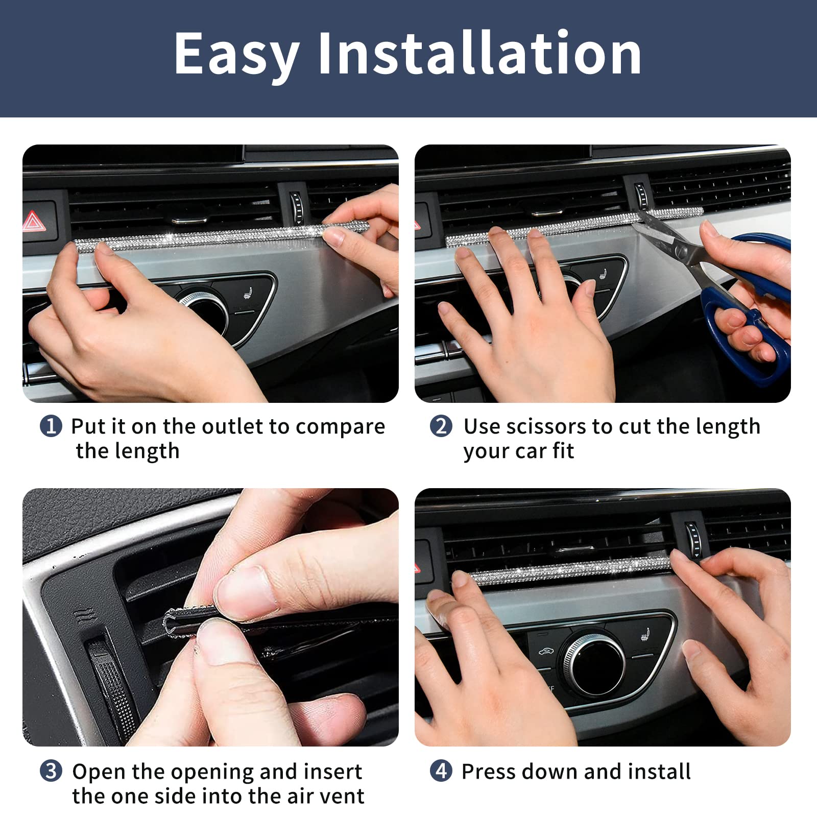 INSAUTO 10Pcs Rhinestone Car Air Conditioner Vent Decoration Strips - Bling Car Vent Outlet Trim Accessories for Women & Girls (White) | Perfect for Customizing Your Vehicle Interior & Adding Glam Style