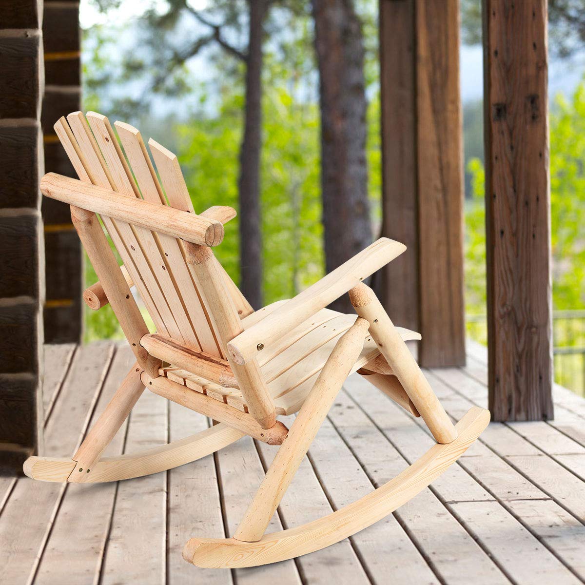 Giantex Solid Wood Adirondack Rocking Chair - Outdoor Patio Rocker with Slatted Seat & Backrest - Natural Wood Porch Swing for Garden, Balcony, Poolside & Backyard - Perfect for Relaxing, Reading & Enjoying Nature
