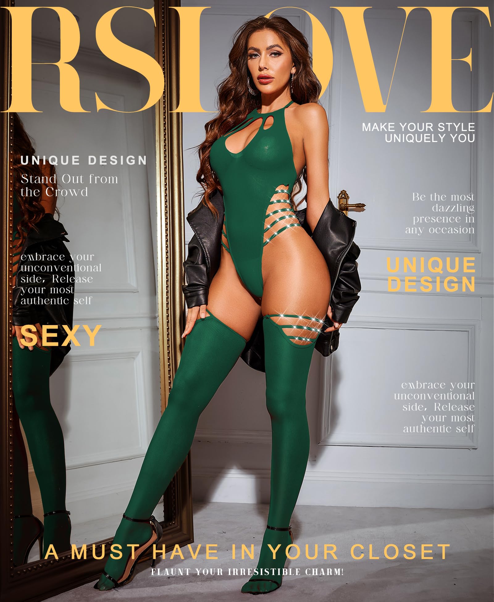 RSLOVE Women's Sexy Lingerie Set - Sparkling Rhinestone Mesh Bodystocking with Thigh High Stockings | Exotic Fishnet Bodysuit for Romantic Nights & Boudoir Photography