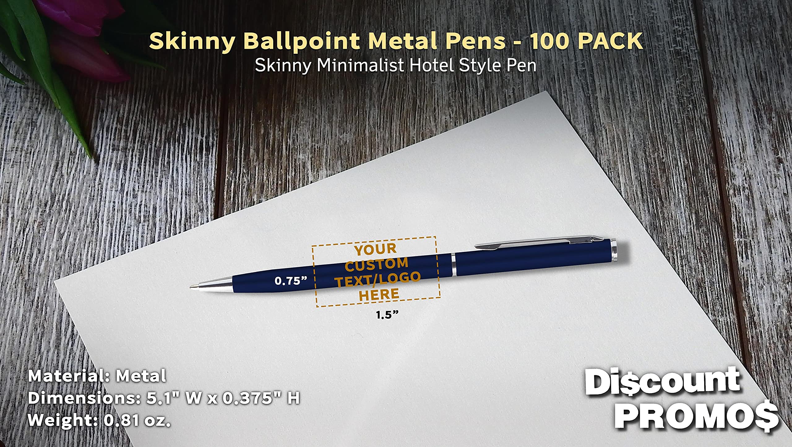 100 Pack Customizable Skinny Ballpoint Metal Pens - Personalized Text & Logo - Sleek Twist-Off Design with Black Ink (Blue Barrel) - Perfect for Office, School, Business Gifts & Promotional Events