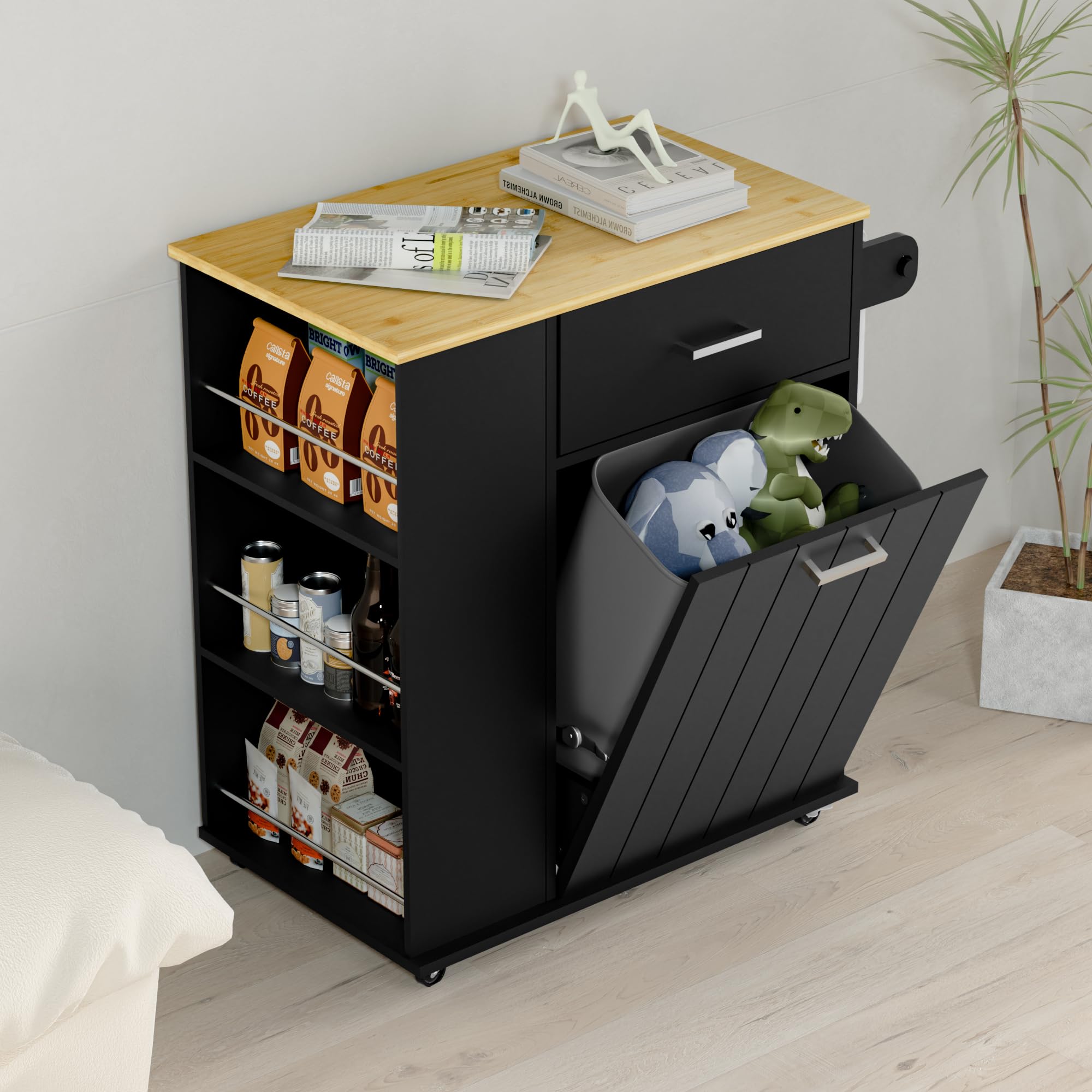 **Portable Rolling Kitchen Island with Trash Can Storage & Spice Rack - Mobile Kitchen Cart on Wheels with Towel Rack, Drawer & Tilt-Out Cabinet - Perfect for Small Kitchens, Apartments & Cooking Prep**