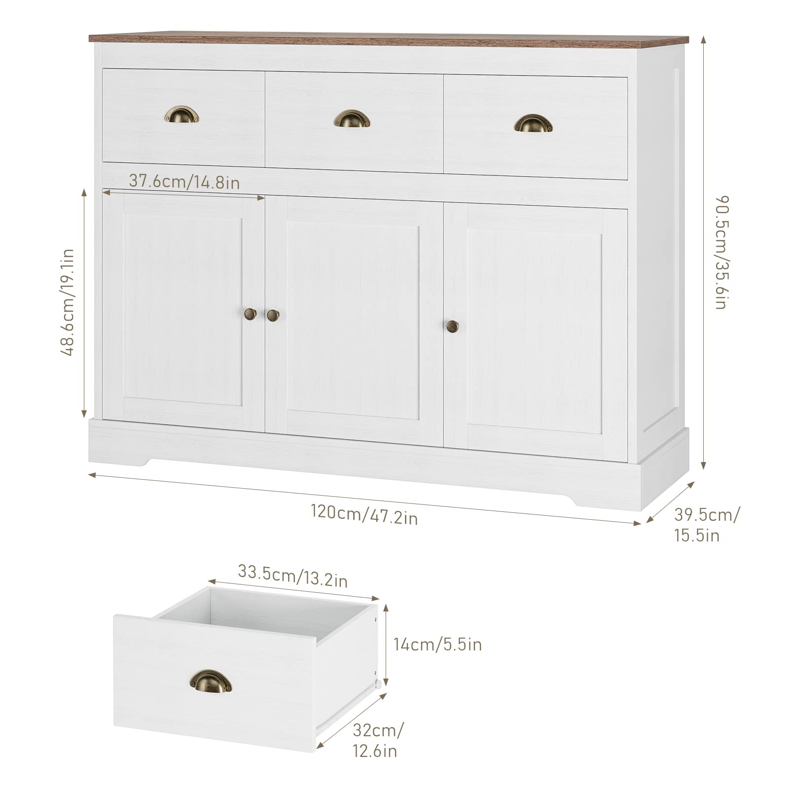 Farmhouse Style Buffet Cabinet with 3 Drawers & 3 Doors - Adjustable Shelves Kitchen Storage Sideboard, Wine Bar Console Table for Dining & Living Room - Antique White Finish | Perfect for Dining Room Storage, Kitchen Organization & Home Decor