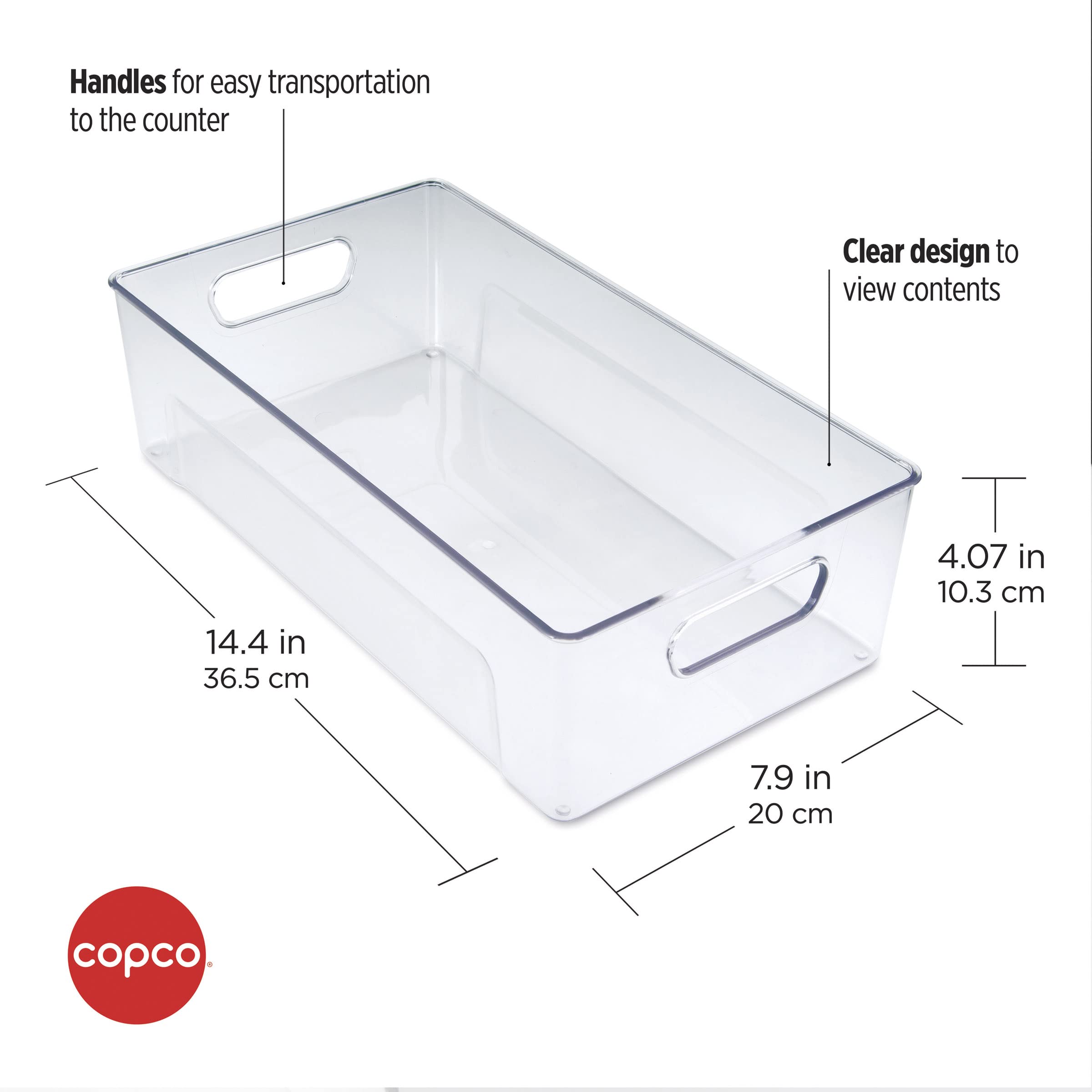 Copco Clear Plastic Storage Bin with Lid - 14.4 x 7.9 x 4.07 Inches - Organizer for Kitchen, Refrigerator, Pantry, Laundry Room & Bathroom - Stackable Food Storage Containers for Home Organization