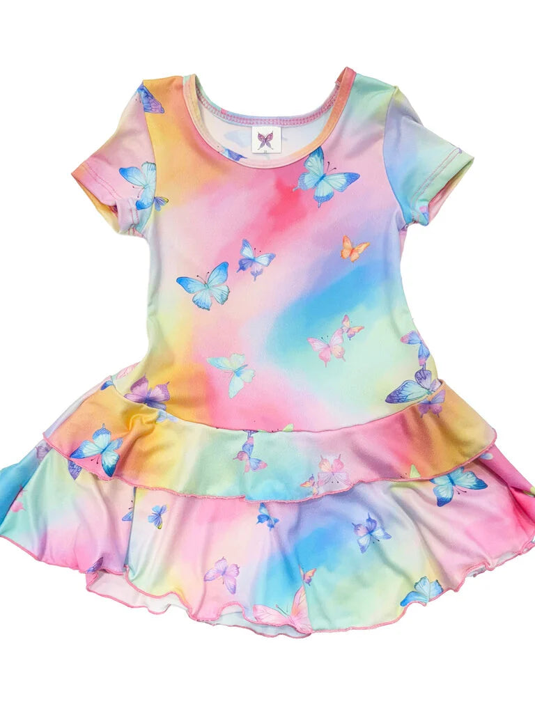 Social Butterfly Short Sleeve Ruffle Dress with Butterfly Print - Perfect for Summer Parties, Weddings & Casual Outings
