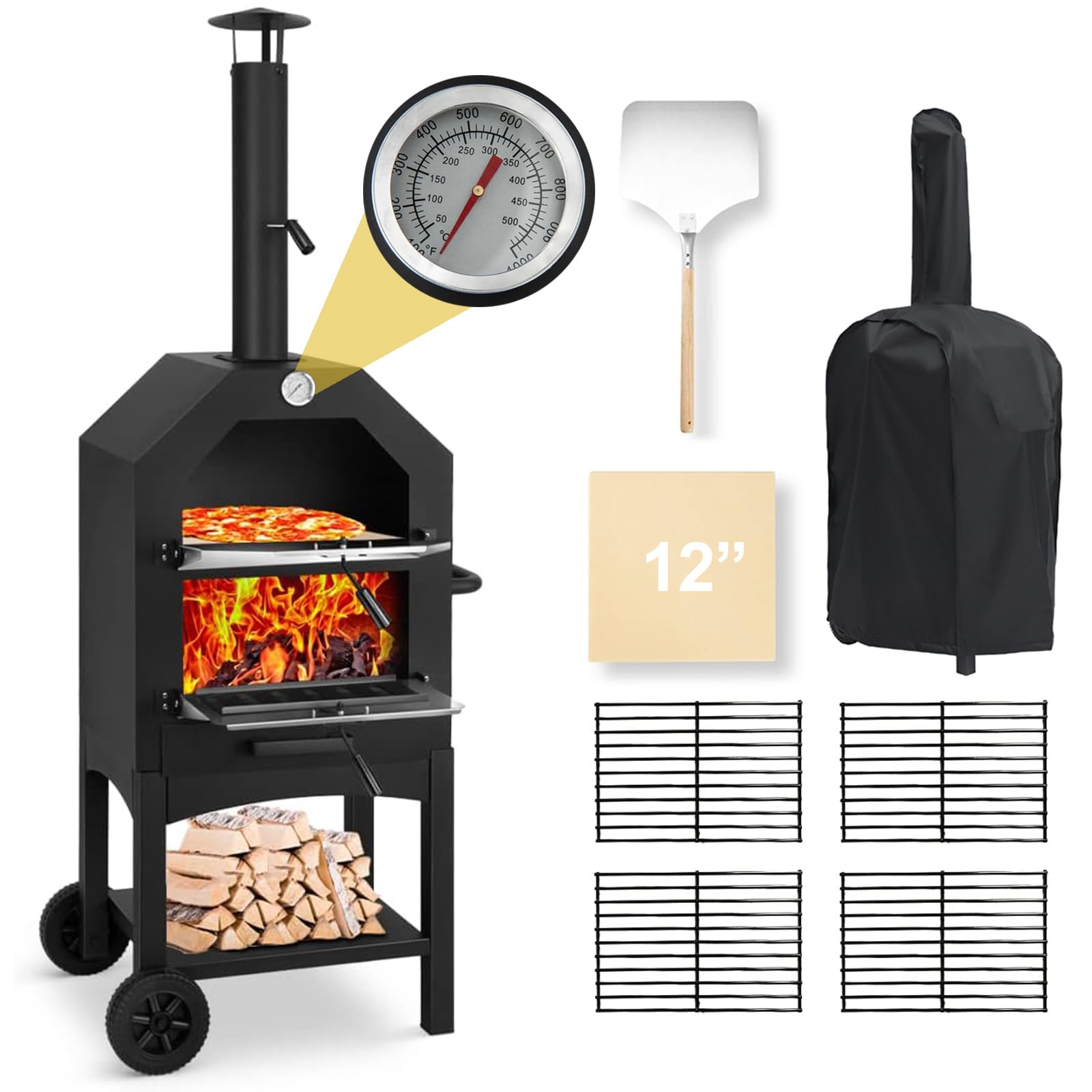Premium Wood-Fired Outdoor Pizza Oven with Wheels - Portable Pizza Maker Kit Includes Pizza Stone, Peel, Grill Grate & Protective Cover - Perfect for Camping Trips, Backyard BBQs, Garden Parties & Outdoor Cooking Adventures (Square Design)