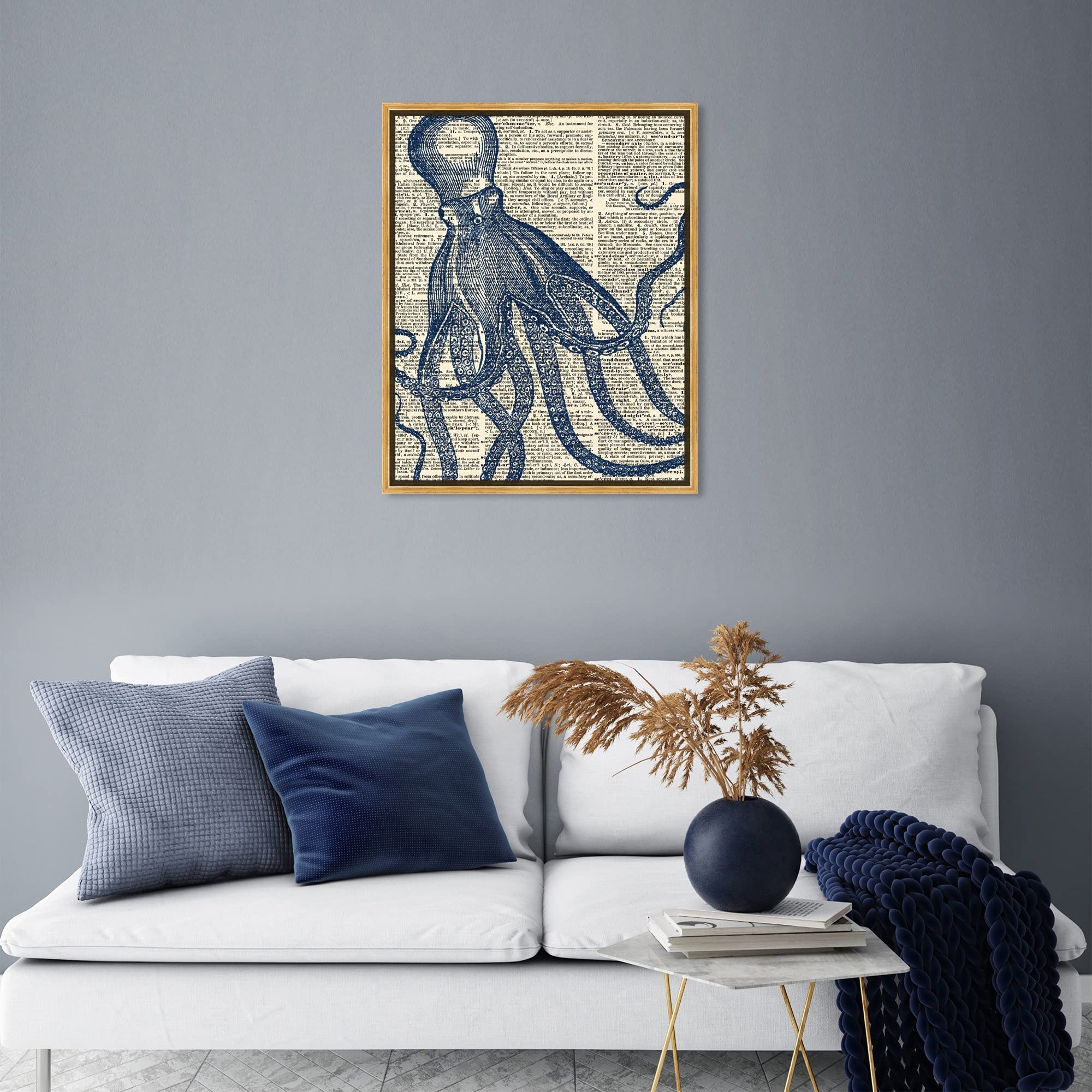 Oliver Gal Artist Co. Nautical Wall Art - Framed Marine Life Octopus Canvas Print - Coastal Home Decor Dictionary Art - 20x24 Inches Gold Floater Frame - Perfect for Beach House, Living Room & Office Wall Decor