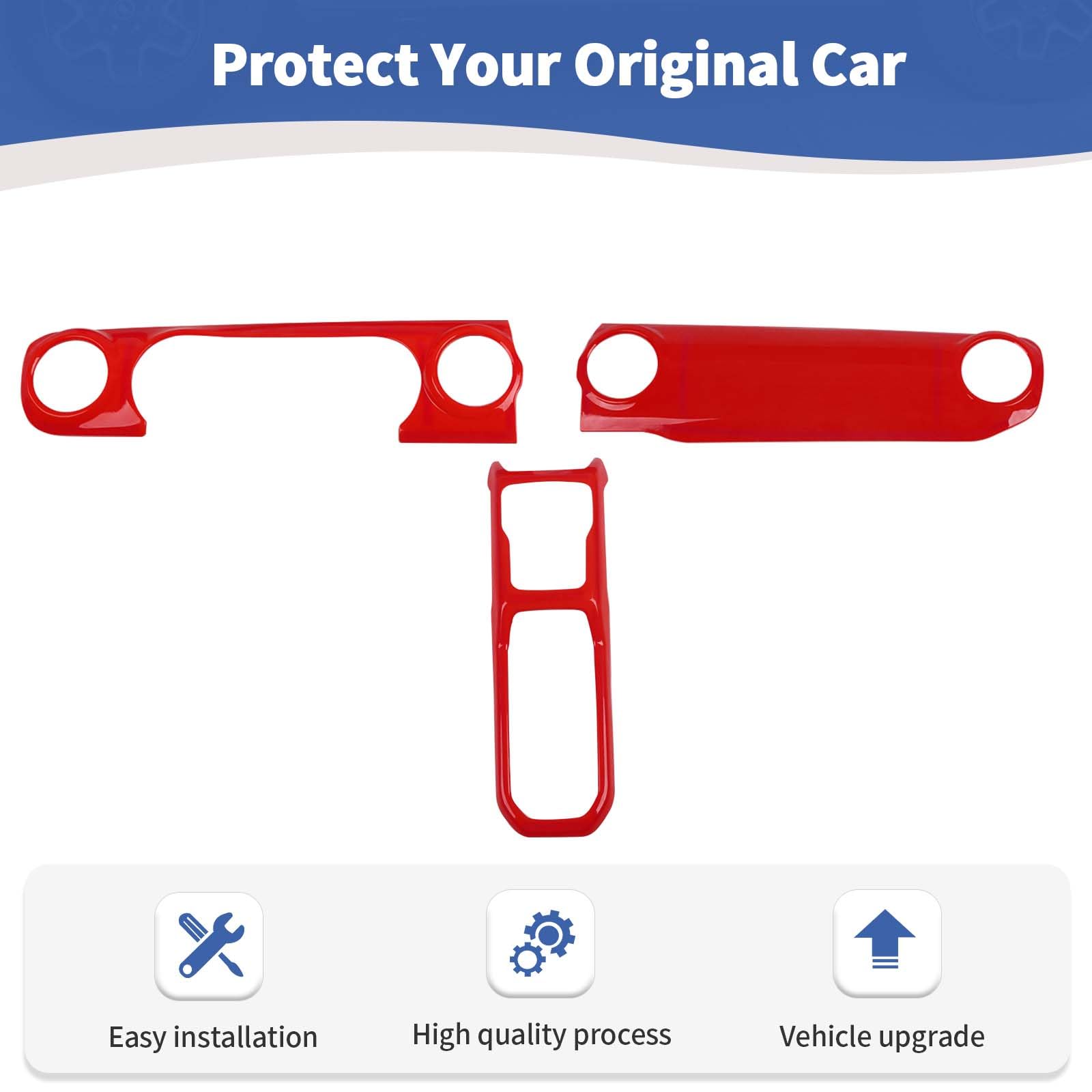 Red RT-TCZ Dash Trim Cover & Gear Shift Panel Frame for Jeep Wrangler JL/JLU/Gladiator JT (2018-2023) - 3pc Interior Accessories - Upgrade Your Ride's Style & Protection