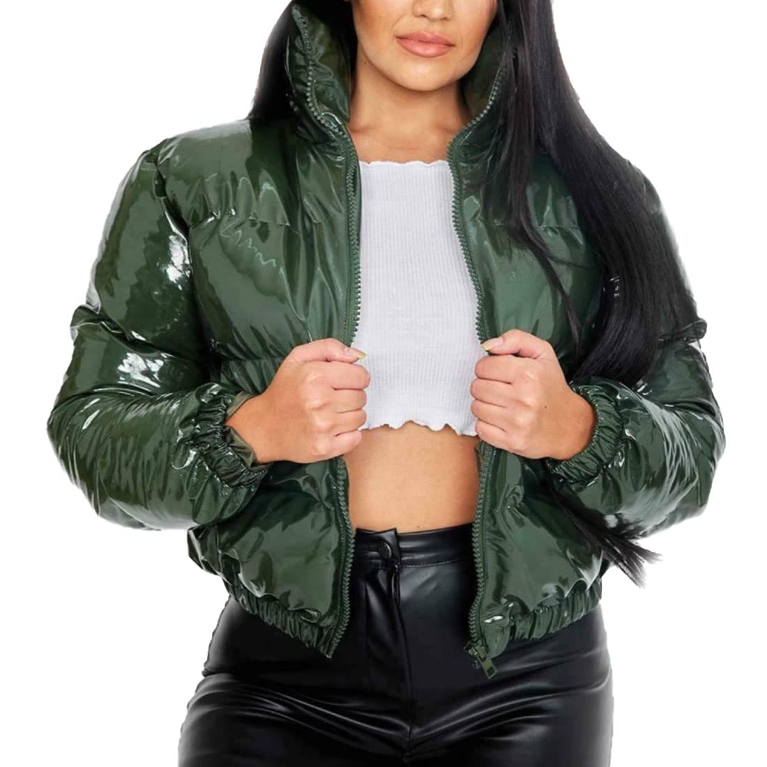 ONLYWOOD Women's Winter Metallic Cropped Puffer Jacket - Warm Cotton-Padded Bubble Coat for Cold Weather, Fashion Outerwear for Street Style and Casual Outings