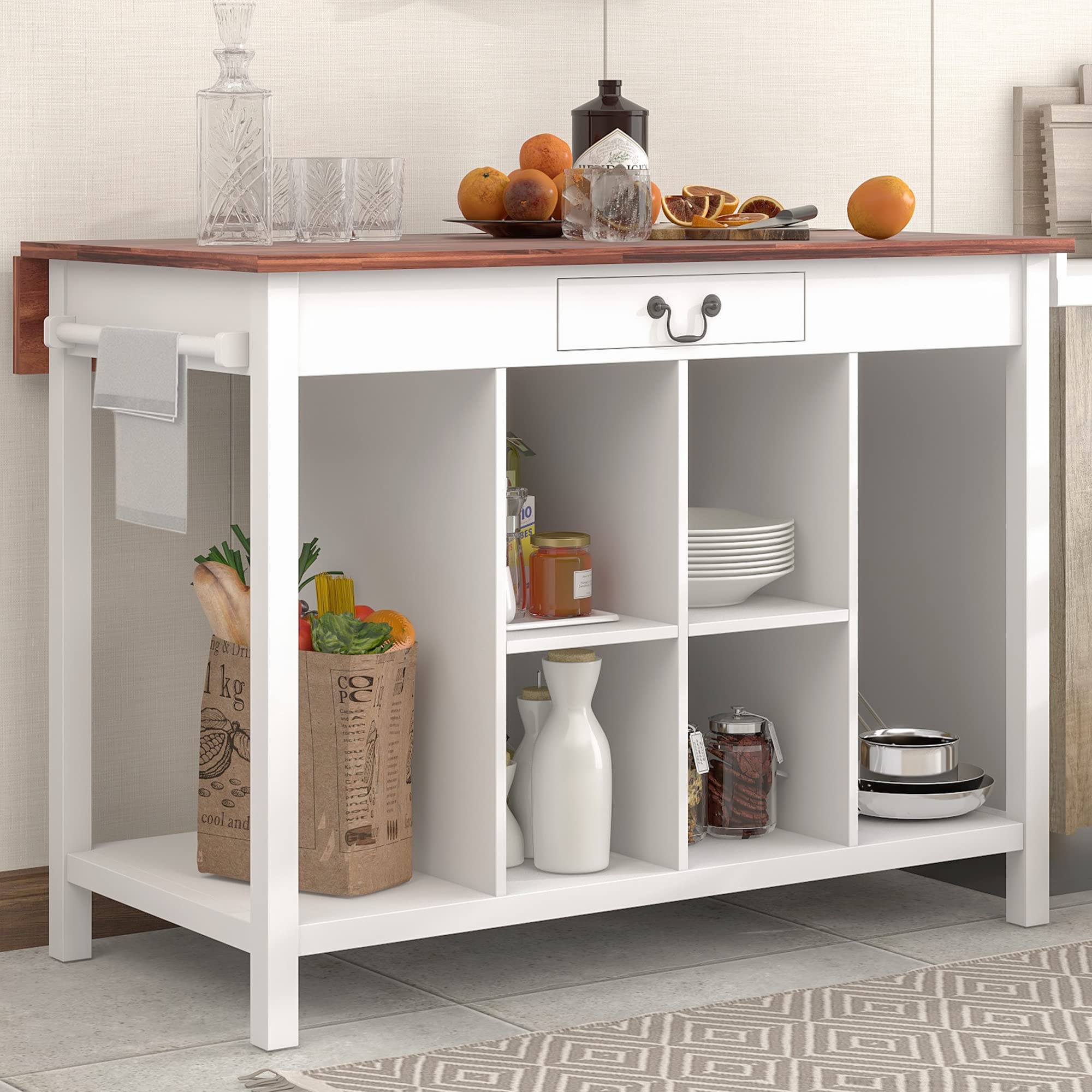 Farmhouse Kitchen Island with Drop Leaf Table Top, Storage Shelves & Towel Rack - Dark Walnut & White - Perfect for Small Kitchens, Dining Areas & Living Rooms