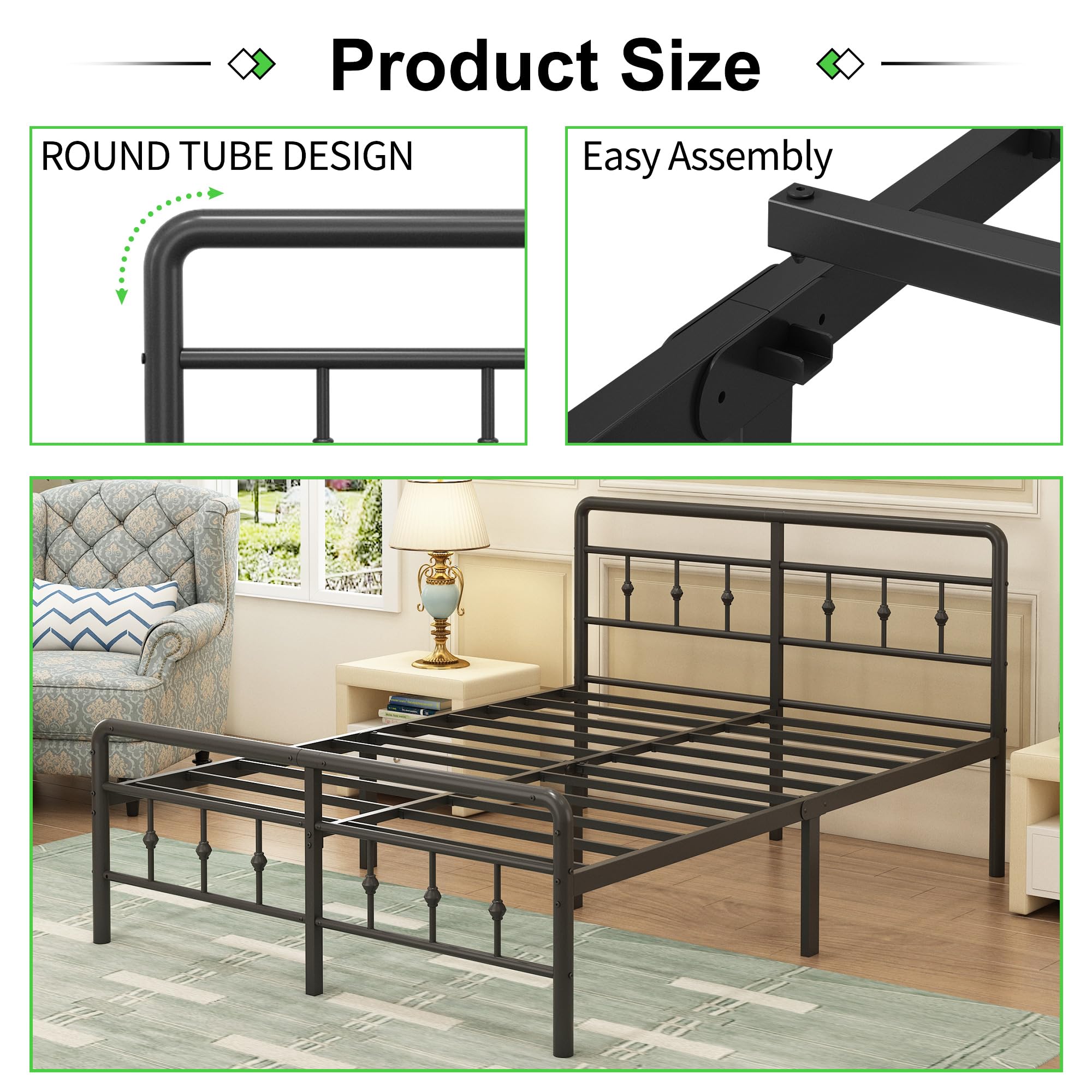 EMODA 16 Inch King Bed Frame with Headboard & Footboard - Heavy Duty Metal Platform Bed Frame, No Box Spring Needed, Easy Assembly - Perfect for Master Bedrooms & Guest Rooms