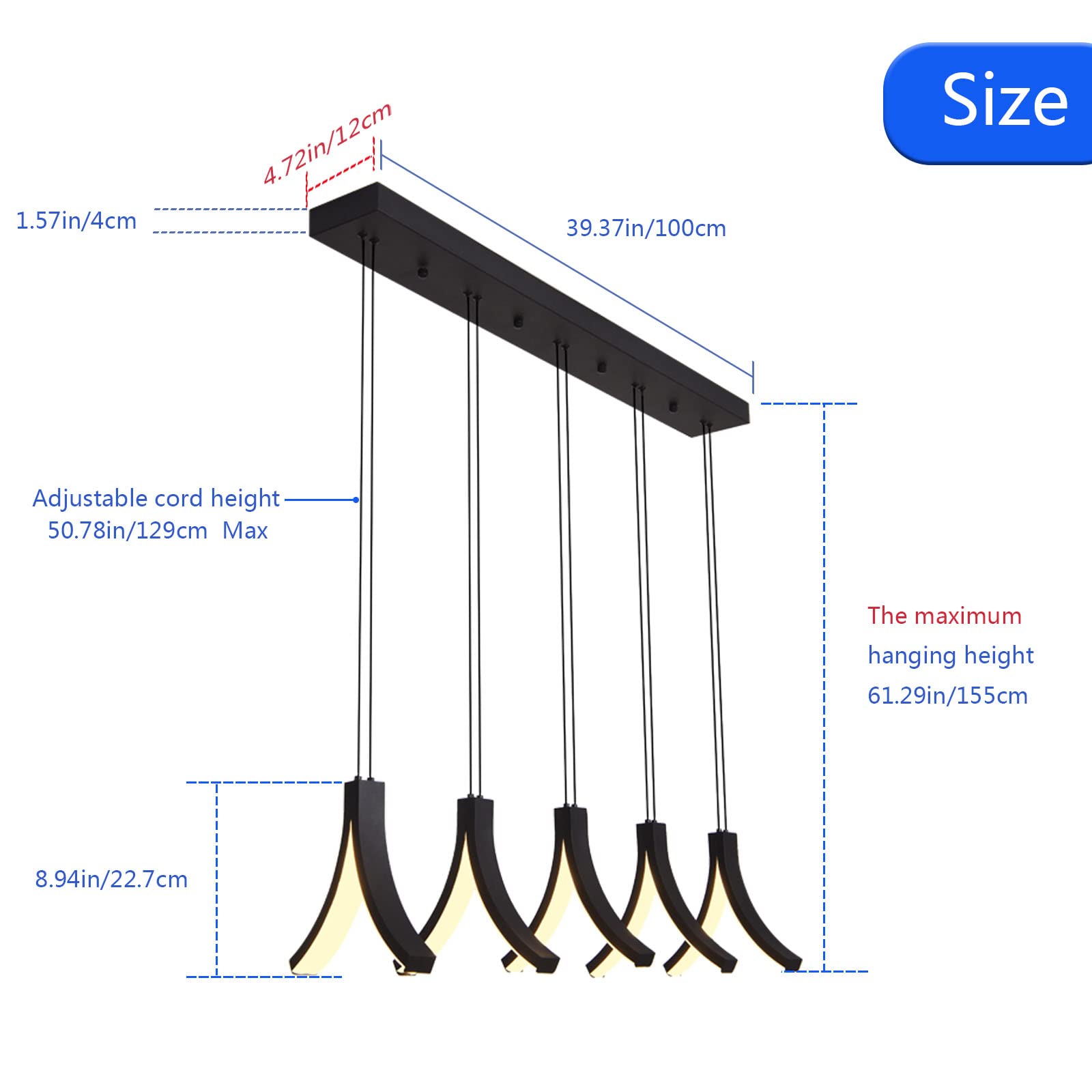 Modern 5-Light Linear Pendant Light Fixture - Dimmable LED Black Hanging Light for Kitchen Island, Dining Room & Living Room | 3000K Warm White | Perfect for Contemporary Home Decor & Restaurant Lighting