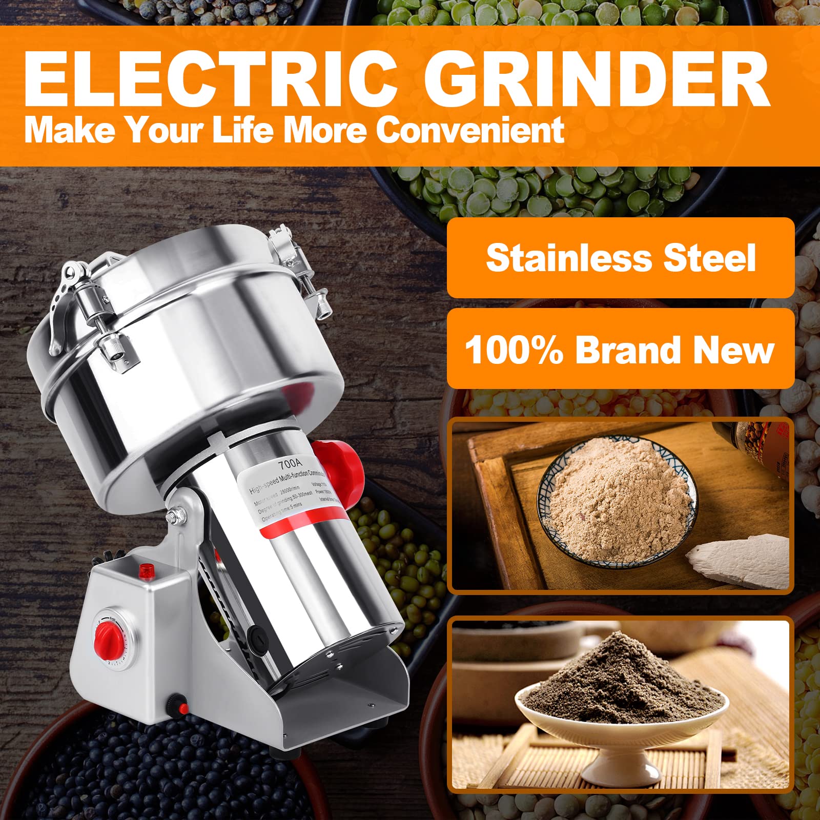 700g Electric Grain Mill Grinder 1800W Commercial Grade - High Speed 28000RPM Superfine Powder Machine for Coffee Beans, Spices, Nuts & Dry Ingredients - Perfect for Home Kitchens, Bakeries & Coffee Shops