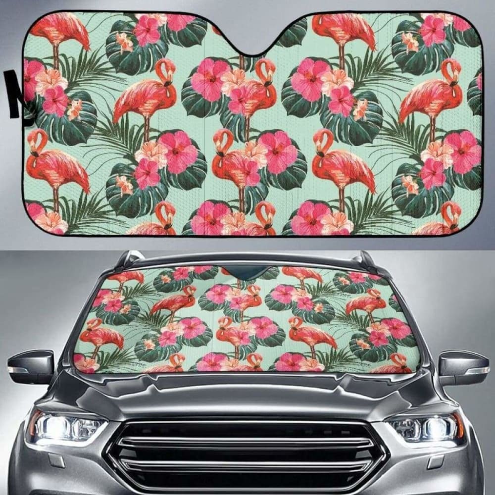 Premium Flamingo Tropical Palm Leaves Hibiscus Car Sun Shade - UV Protection for Windshield & Windows - Perfect for Beach Trips & Summer Travel
