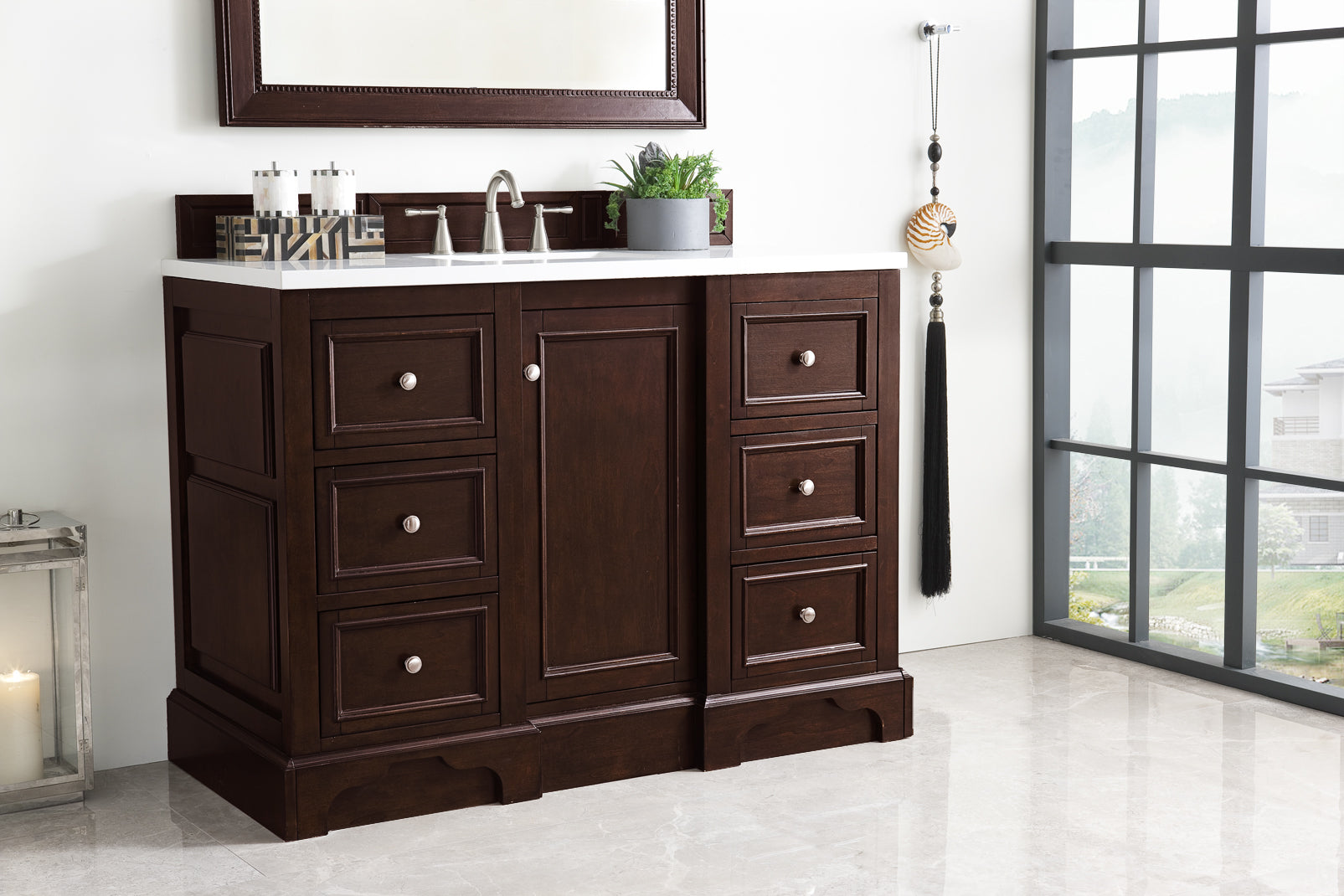 De Soto 48 Inch Single Bathroom Vanity with Burnished Mahogany Cabinet & 3CM White Zeus Quartz Countertop - Perfect for Modern Master Bathrooms and Powder Rooms