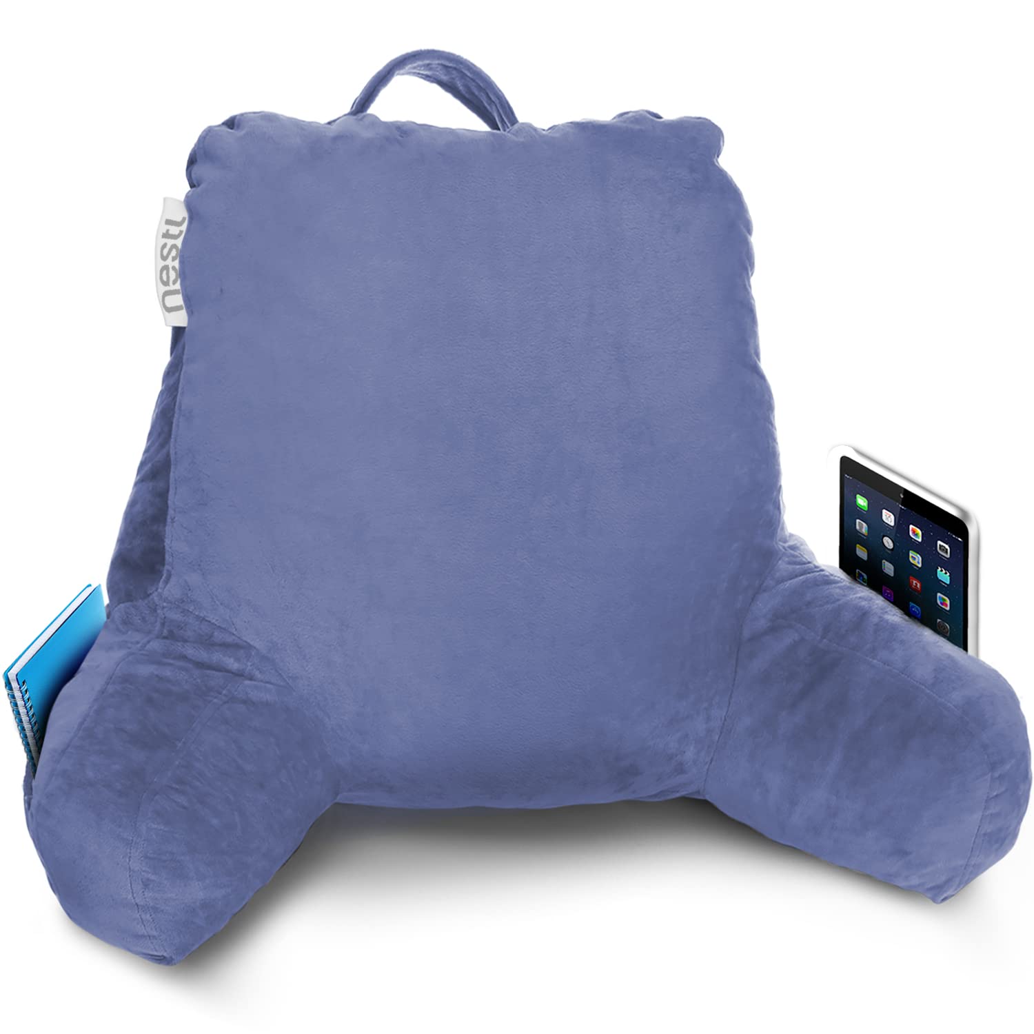 Nestl Reading Pillow with Shredded Memory Foam - Standard Bed Backrest Pillow for Sitting in Bed, Armchair & Reading - Steel Blue Support Pillow with Pockets | Perfect for Reading, Watching TV, Nursing & Relaxing in Bed or Chair