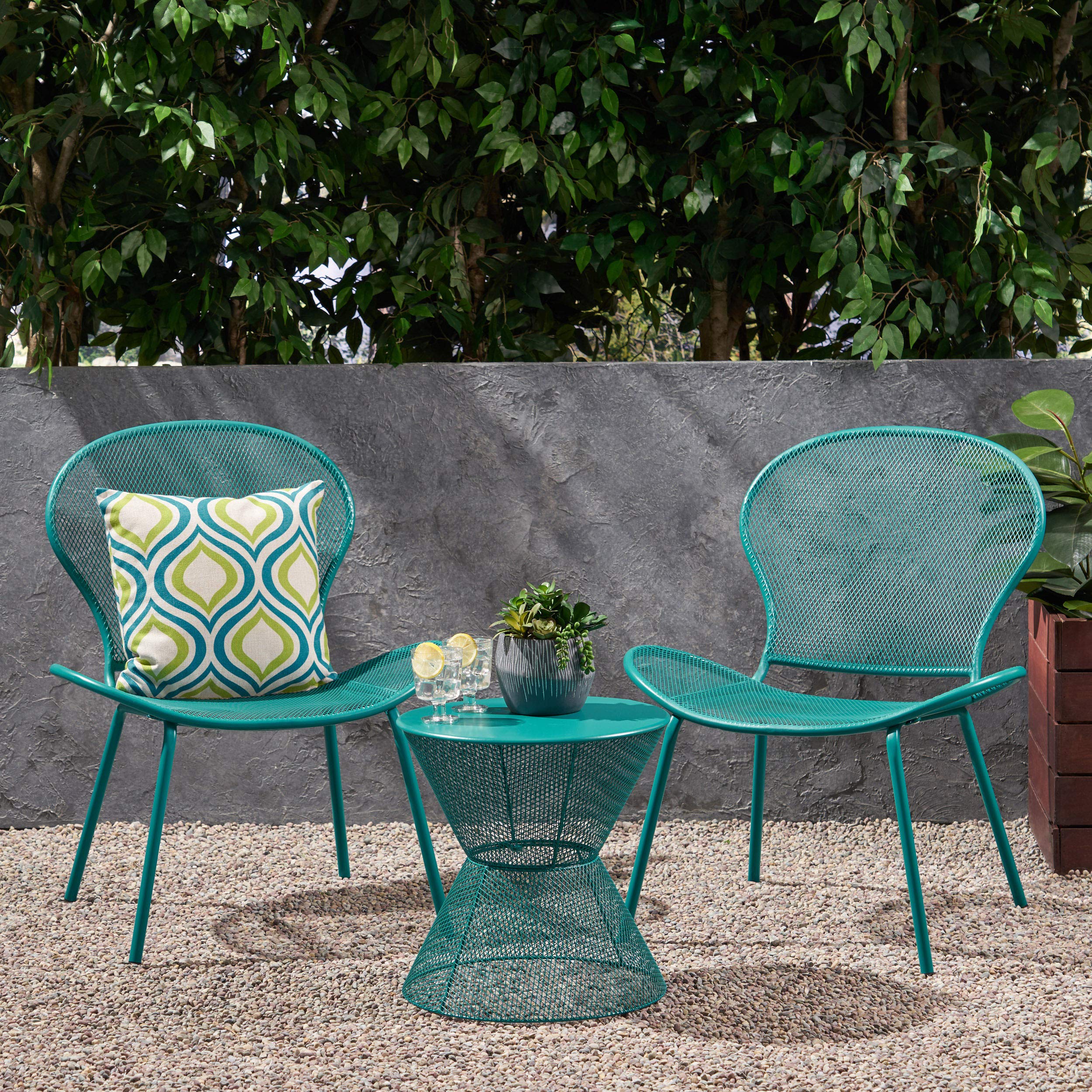 GDFStudio Modern Outdoor 2-Seater Iron Bistro Set with Side Table in Matte Teal - Patio Garden Conversation Set for Small Spaces, Balcony or Porch