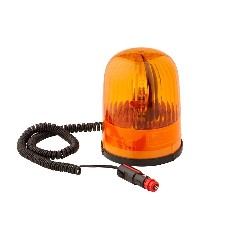 Hella 2RL 007 552-011 24V Yellow Halogen Rotating Beacon Light with Magnet Mount & 3500mm Cable - DIN ISO 4165 Plug - Ideal for Emergency Vehicles, Construction Equipment & Marine Warning Lights