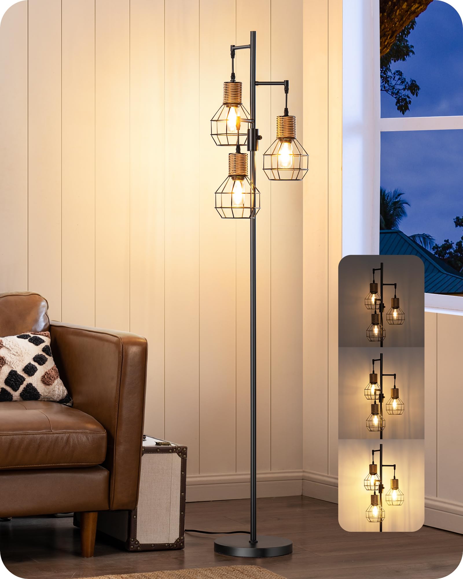 Dimmable Farmhouse Floor Lamp with 3 LED Edison Bulbs - Industrial Black Standing Lamp for Living Room, Bedroom & Office - Rustic Rattan Tall Tree Reading Lamp for Cozy Home Decor | Perfect for Reading Nooks, Workspaces & Corner Lighting