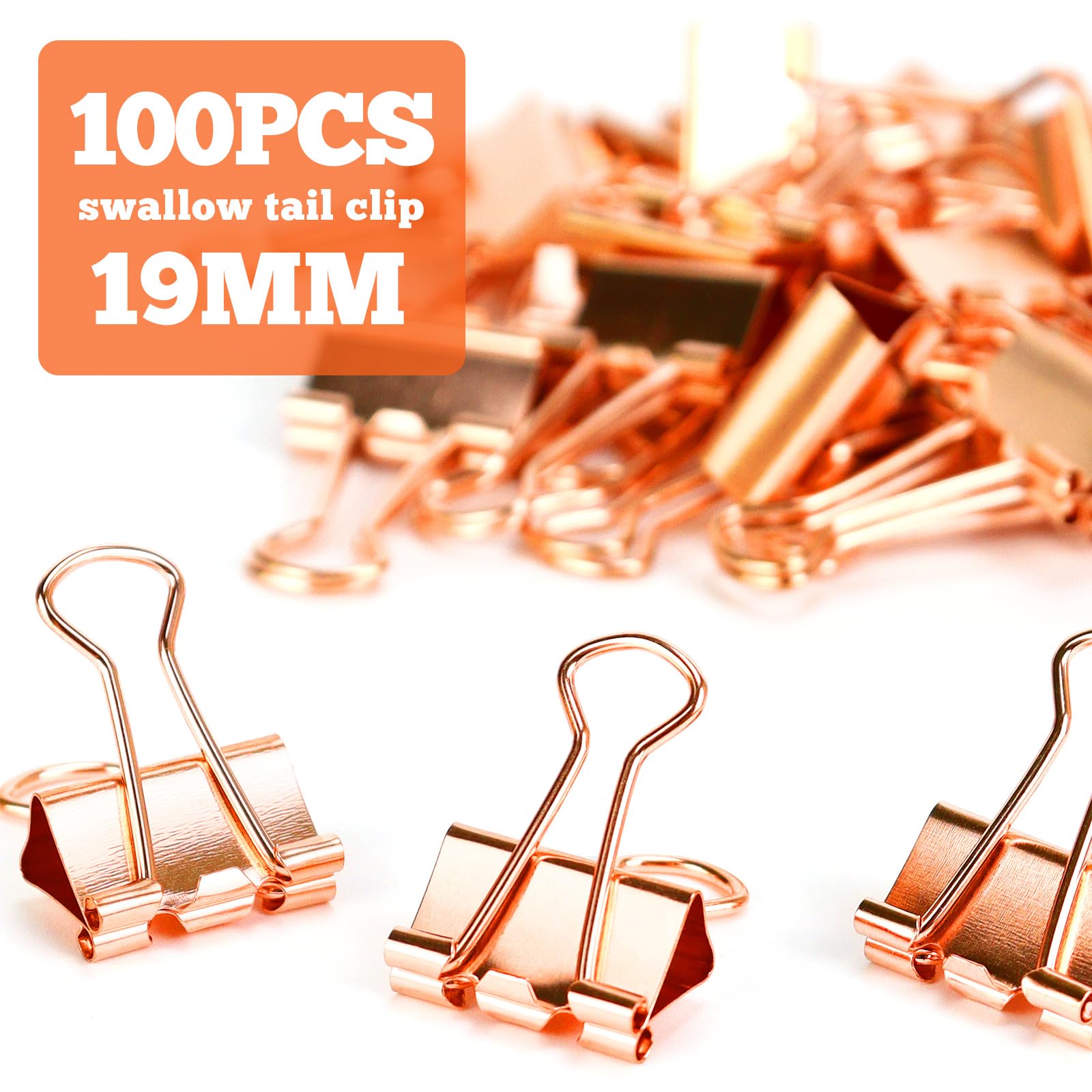 Buqoo 100 Pcs Rose Gold Binder Clips 19mm - Small & Medium Paper Clamps for Office, School, Home Organization, Document Filing, and Craft Projects