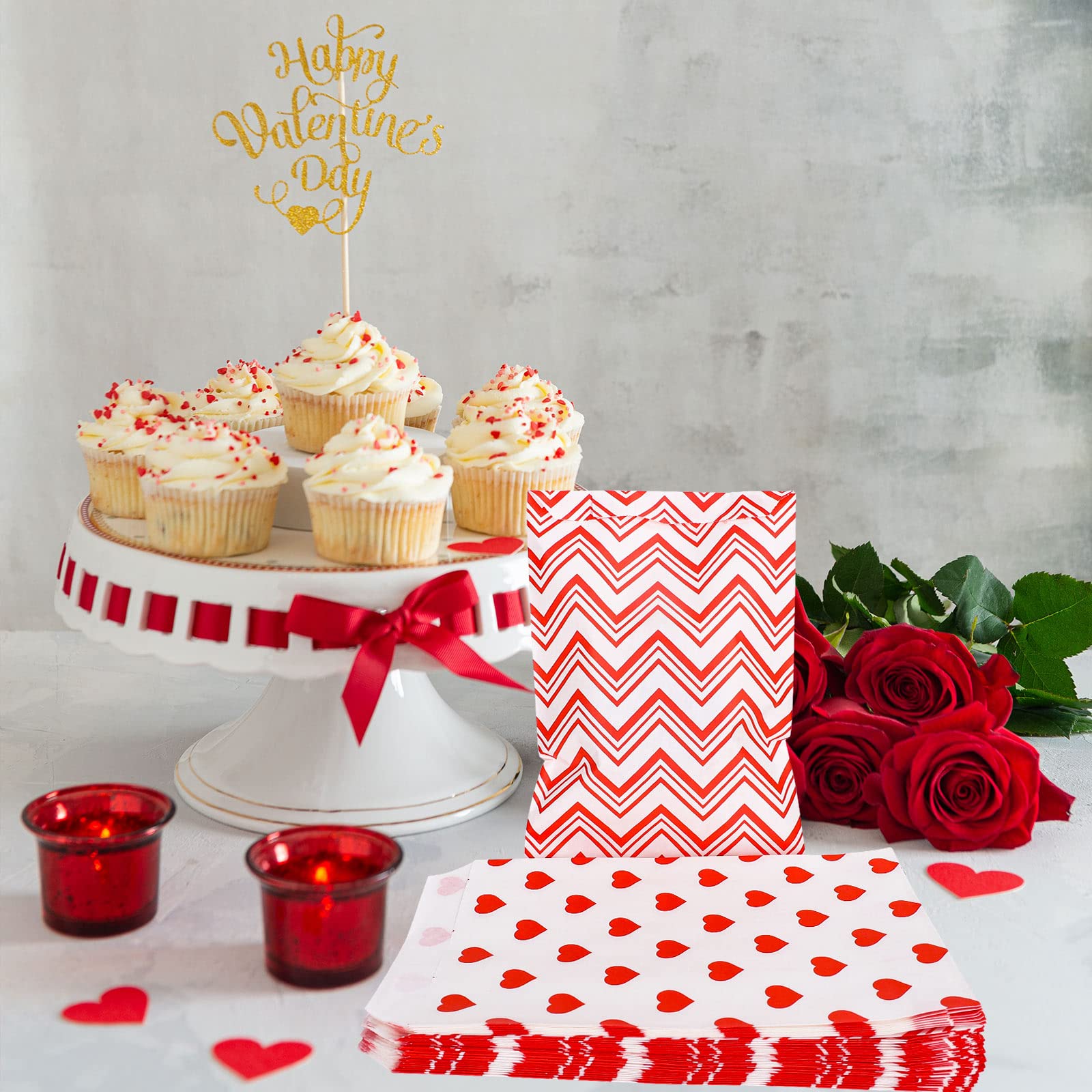 AnyDesign 120 Pack Valentine's Day Treat Bags - Red & White Heart Stripe Printed Paper Gift Bags for Candy, Cookies, Party Favors | Perfect for Weddings, Mother's Day, Holiday Buffets & Classroom Celebrations