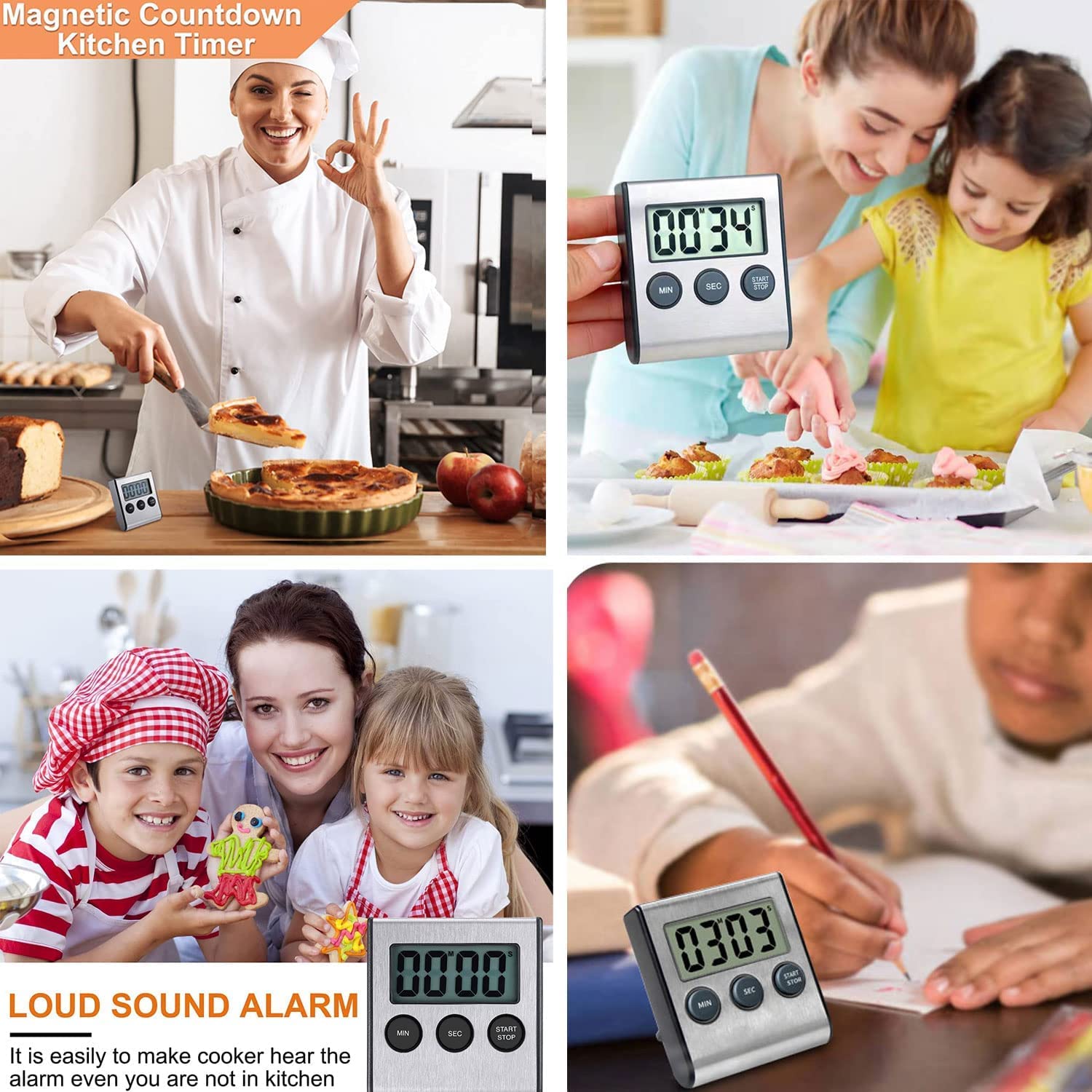 2 Pack Digital Kitchen Timer with Loud Alarm - Magnetic Countdown Timer for Cooking, Baking, Sports - Stainless Steel Stopwatch for Gym, Classroom & Office Use