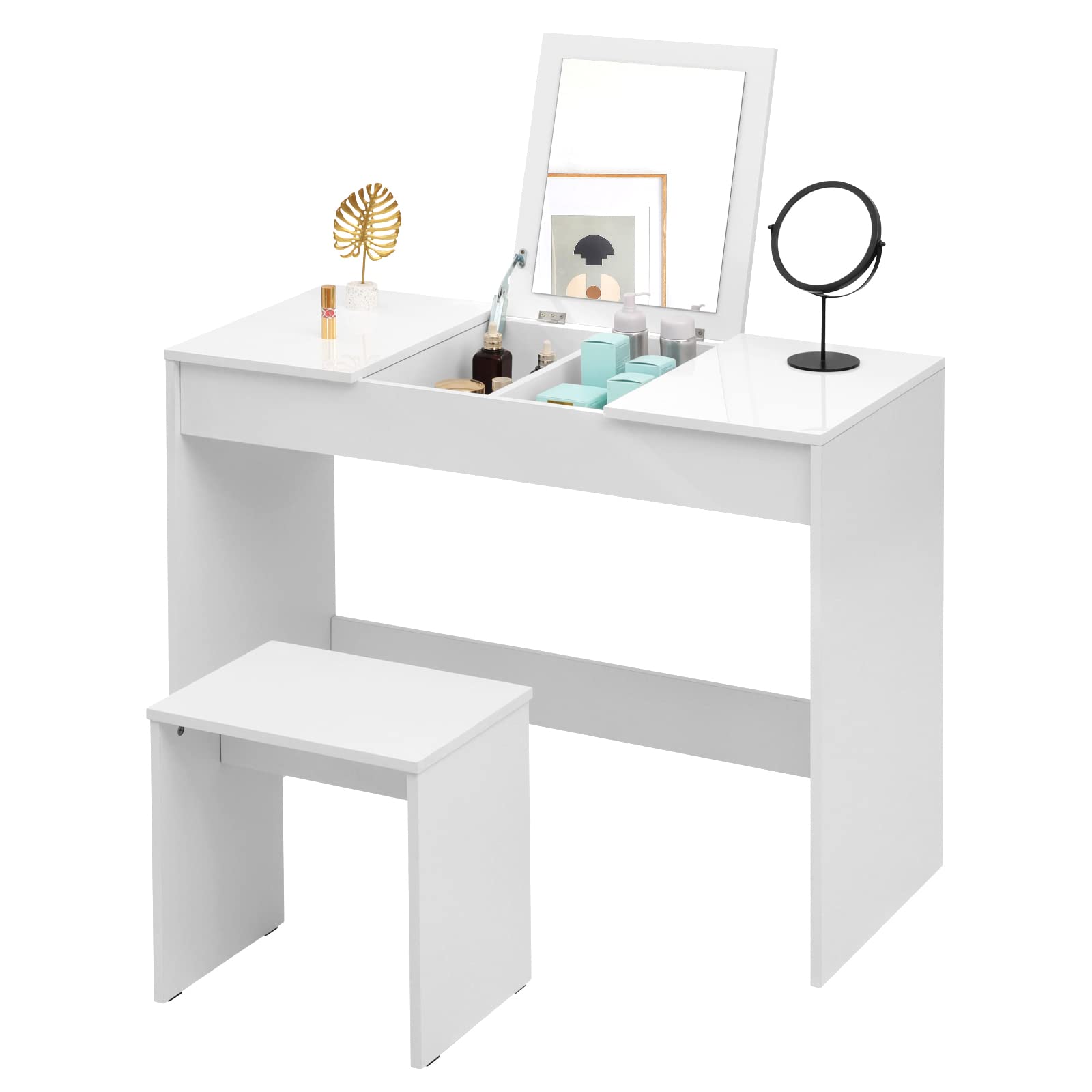 WOLTU Modern Wooden Makeup Vanity Set with Stool & Foldable Mirror, High Gloss White Dressing Table for Bedroom (100x45x76cm) - Perfect for Beauty Routine, Cosmetics Organization & Small Space Decor