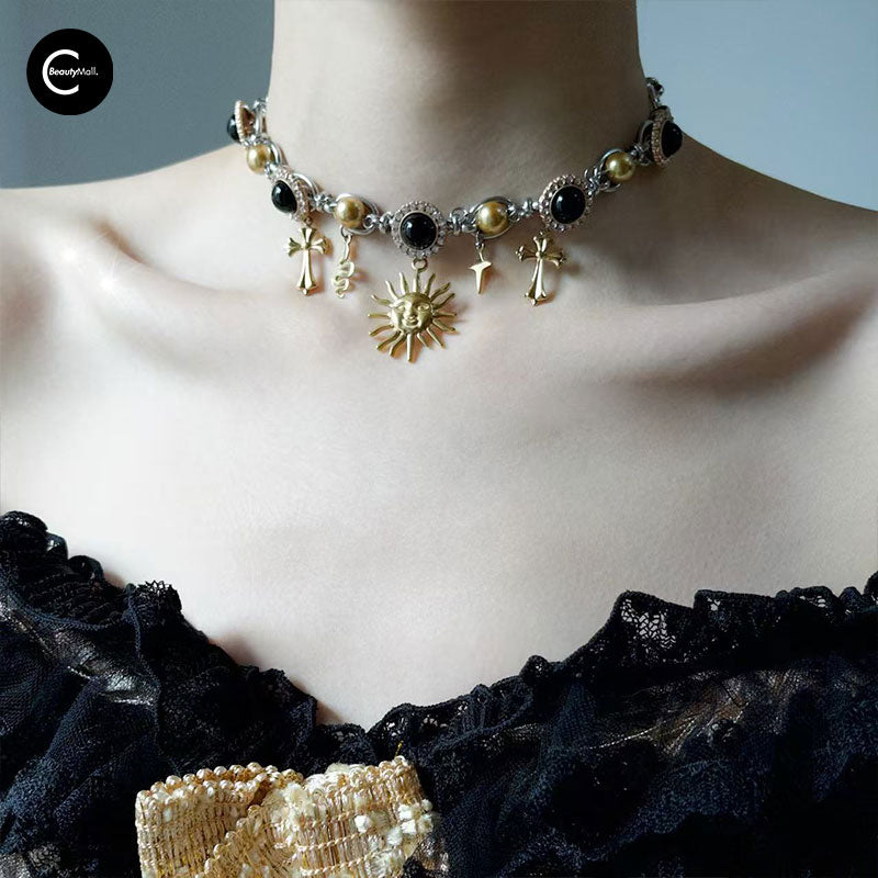 LATAO Medusa Black Gold Cross Sun Pearl Vintage Necklace for Women - Gothic Jewelry, Fashion Statement, Perfect for Parties, Weddings & Special Occasions