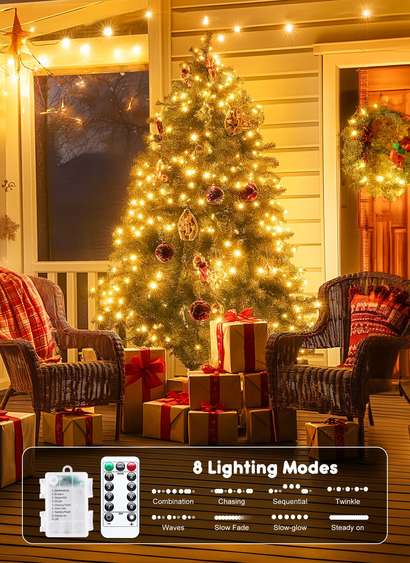 33Ft 100 LED Outdoor String Lights - Battery Operated with Remote, Waterproof Fairy Lights for Patio, Garden, Bedroom, Dorm & Christmas Decorations | Warm White Twinkle Lights for Party, Backyard, Tapestry & Indoor Use