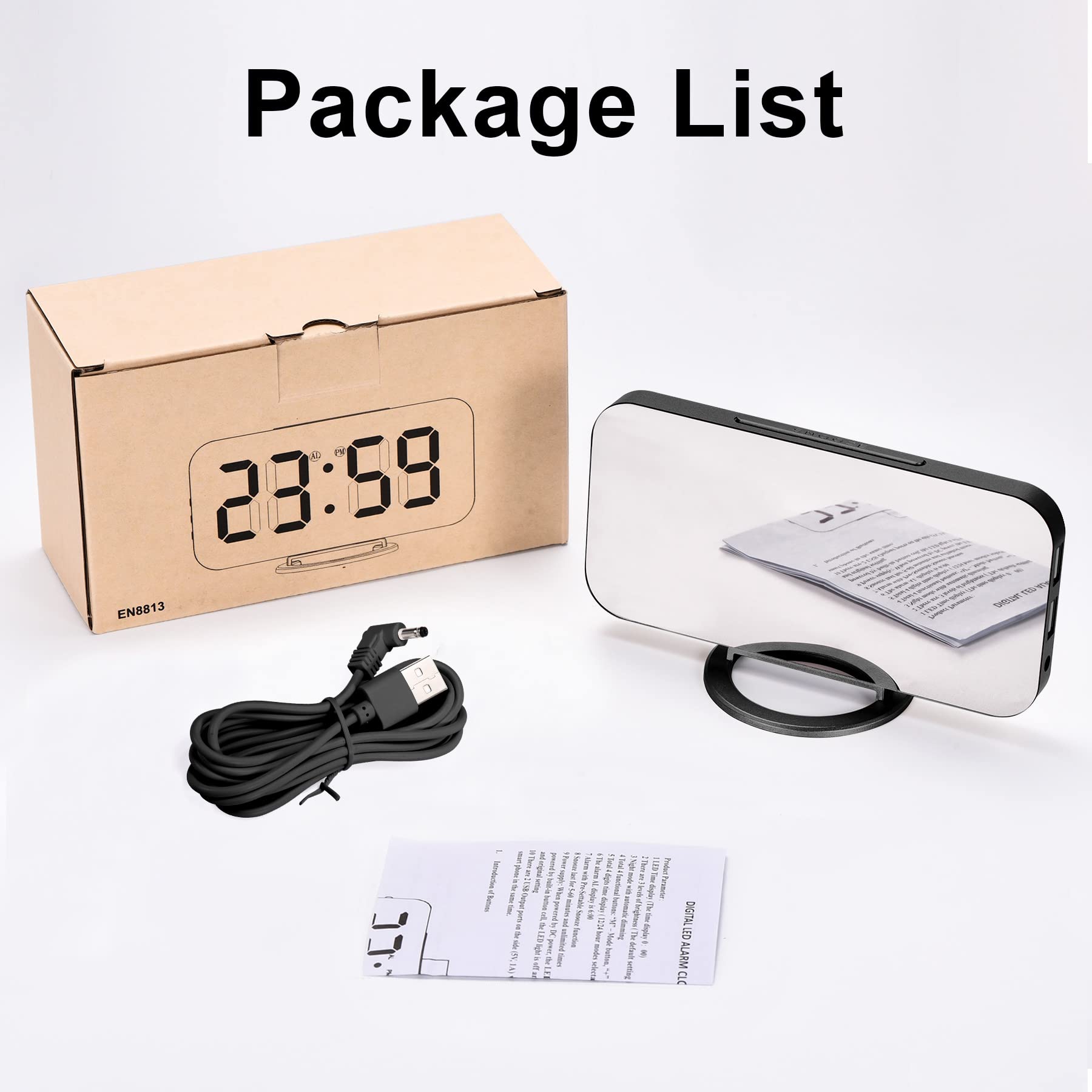 YGdigital 6.5 Inch LED Mirror Digital Alarm Clock with USB Charging Ports - Adjustable Brightness, Snooze Function, 12/24H Display for Bedroom, Home & Office Use (Black) | Perfect Nightstand Clock with Charging Station for Phones & Tablets