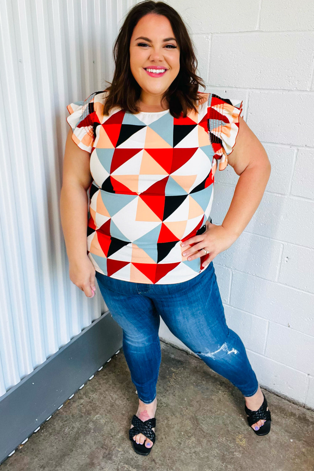 Stylish Burnt Orange Geo Print Smocked Ruffle Sleeve Blouse for Women | Trendy Casual & Party Wear | Perfect for Date Nights, Office Outfits & Summer Fashion