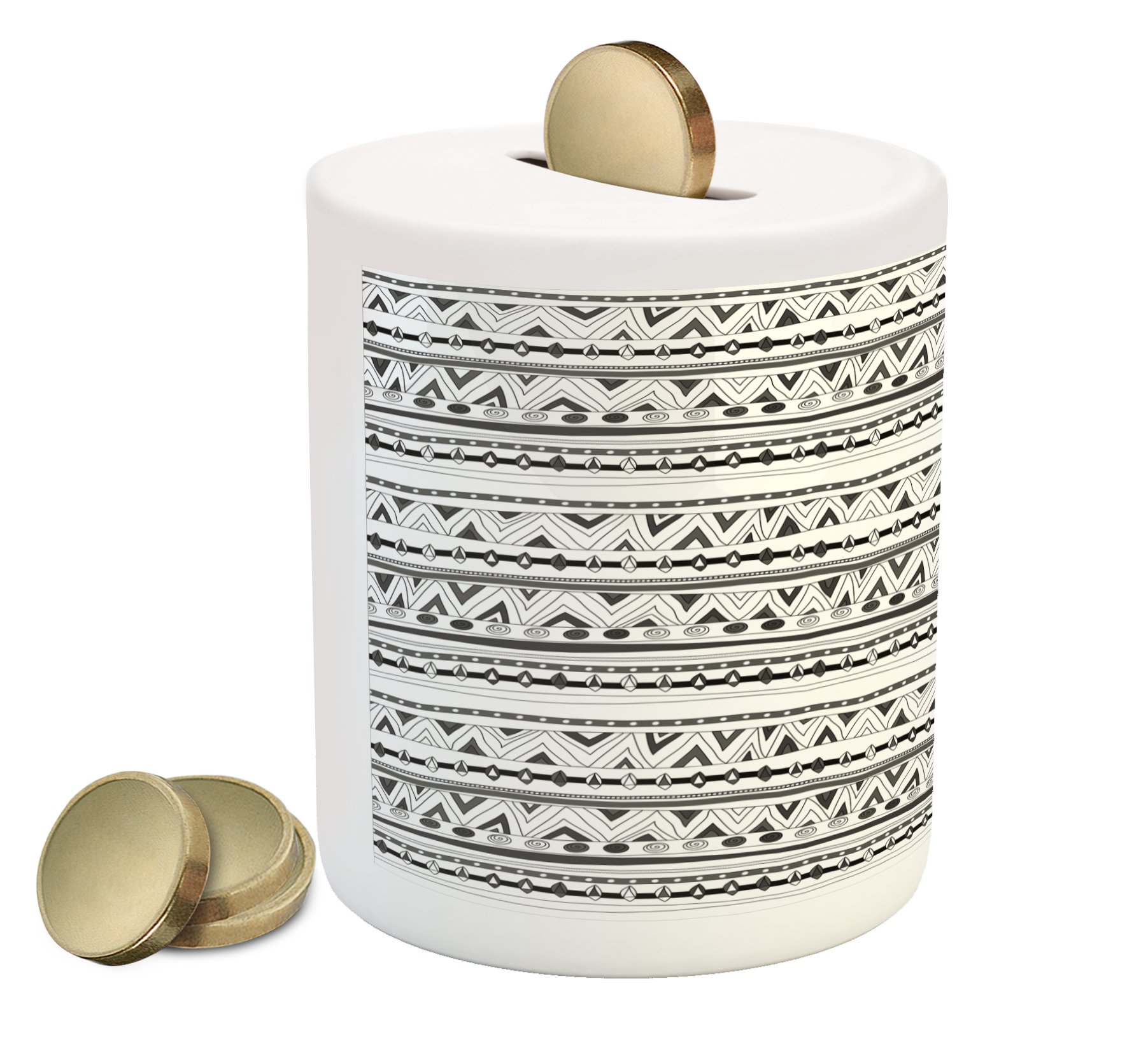 Ambesonne Ceramic Tribal Piggy Bank - Aztec Prehistoric Design with Circles & Triangles Folk Pattern, Money Box for Cash Saving (3.6