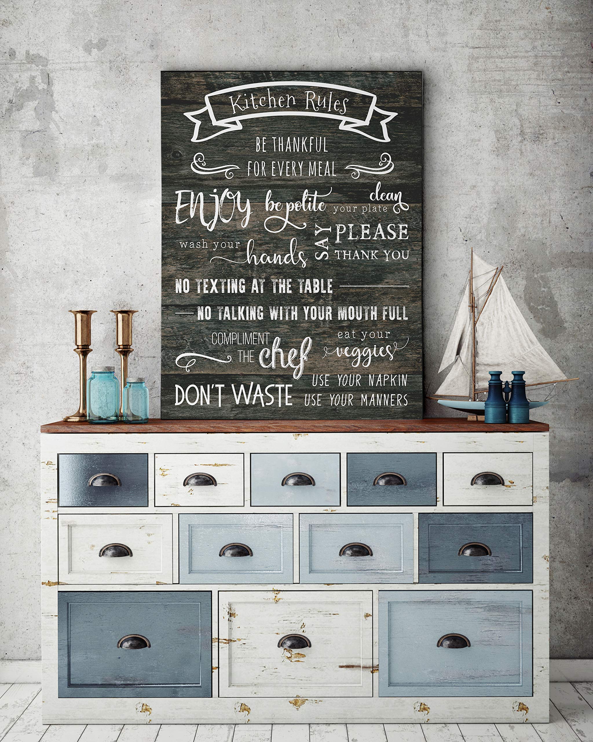 Kitchen Rules II Gallery Wrapped Canvas Wall Art - Modern Home Decor for Kitchen, Dining Room & Office - Perfect Housewarming Gift