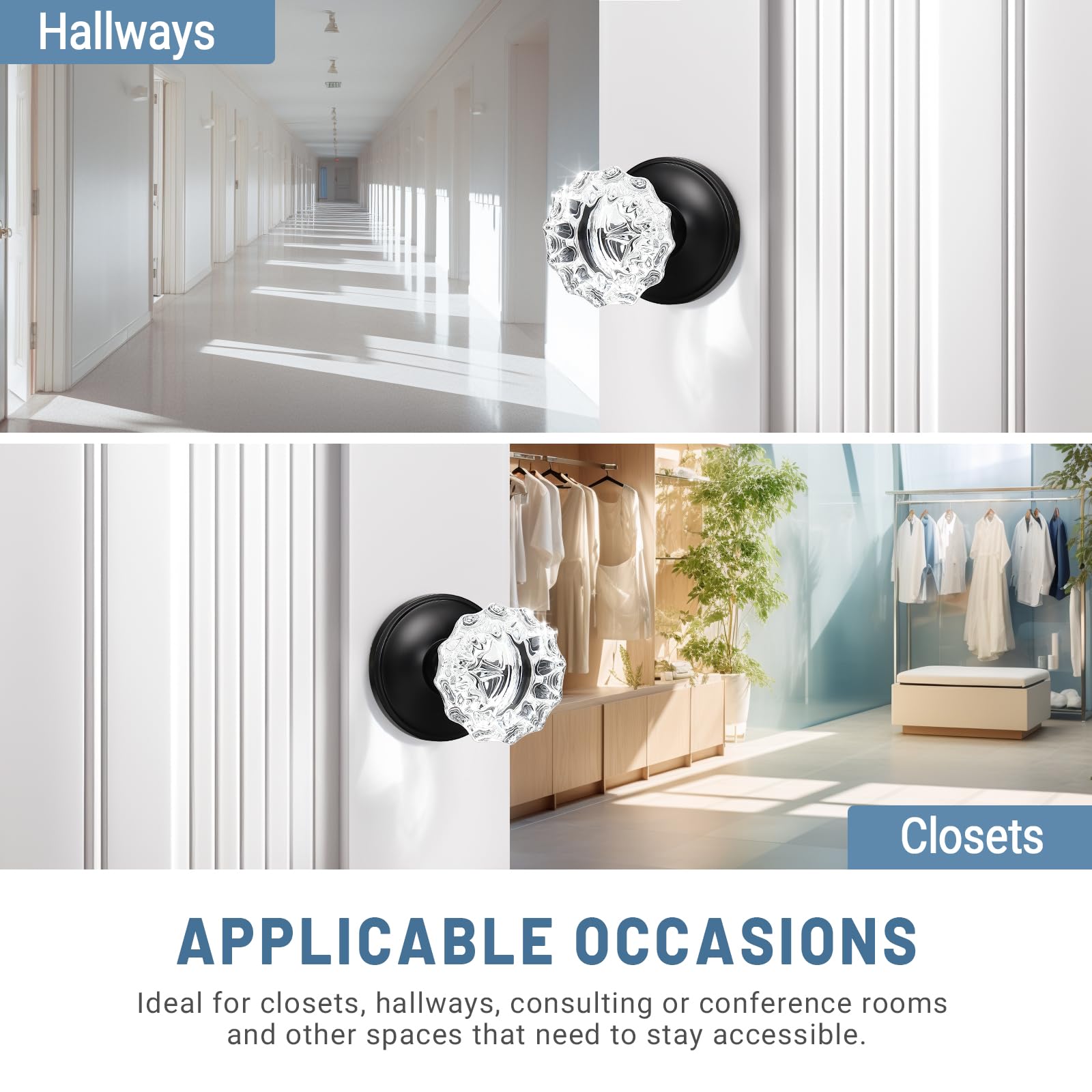 KNOBWELL 10 Pack Classic Rosette Door Knobs - Crystal Style Interior Door Handles with Matte Black Finish for Hallway, Closet & Bedroom Doors | Durable & Stylish Home Hardware Upgrade