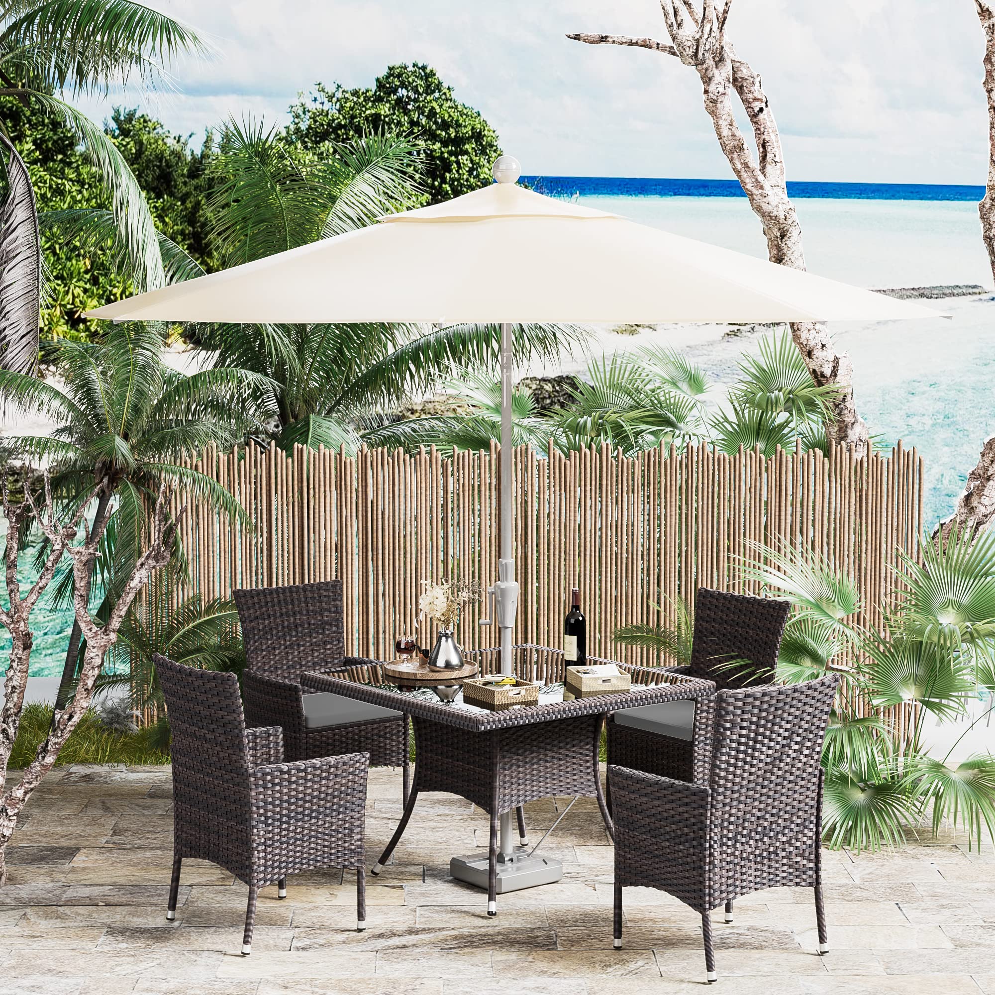 5-Piece Rattan Wicker Dining Set for 4 with Glass Top Table & Umbrella Hole - Indoor Outdoor Patio Furniture for Backyard, Garden, Poolside & Kitchen (Gray) - Perfect for Al Fresco Dining & Entertaining