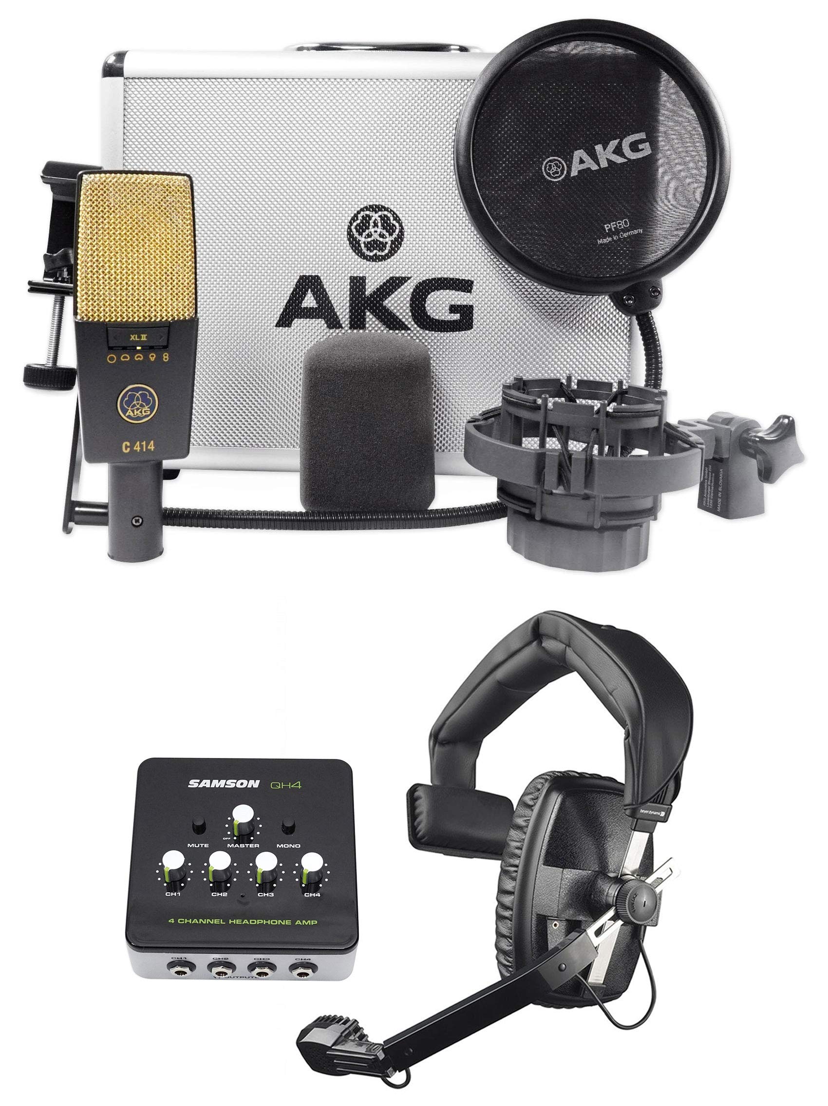 AKG C414 XLII Professional Studio Condenser Microphone with Beyerdynamic Headphones & Headphone Amplifier - Perfect for Music Recording, Podcasting, and Home Studio Use