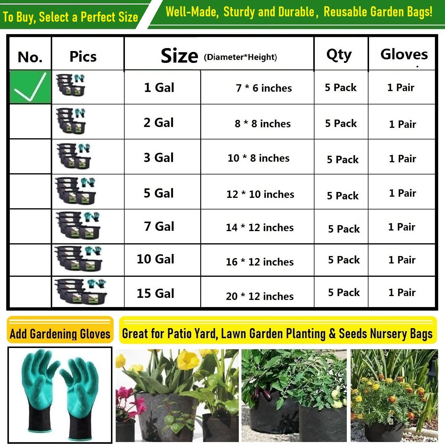 5-Pack 1 Gallon Thickened Fabric Grow Bags for Plants - 7x6 Inch Reusable Gardening Pots for Herbs, Vegetables, Flowers & Nursery Plants | Includes Free Garden Gloves | Perfect for Indoor/Outdoor Planting, Urban Gardening & Container Gardening