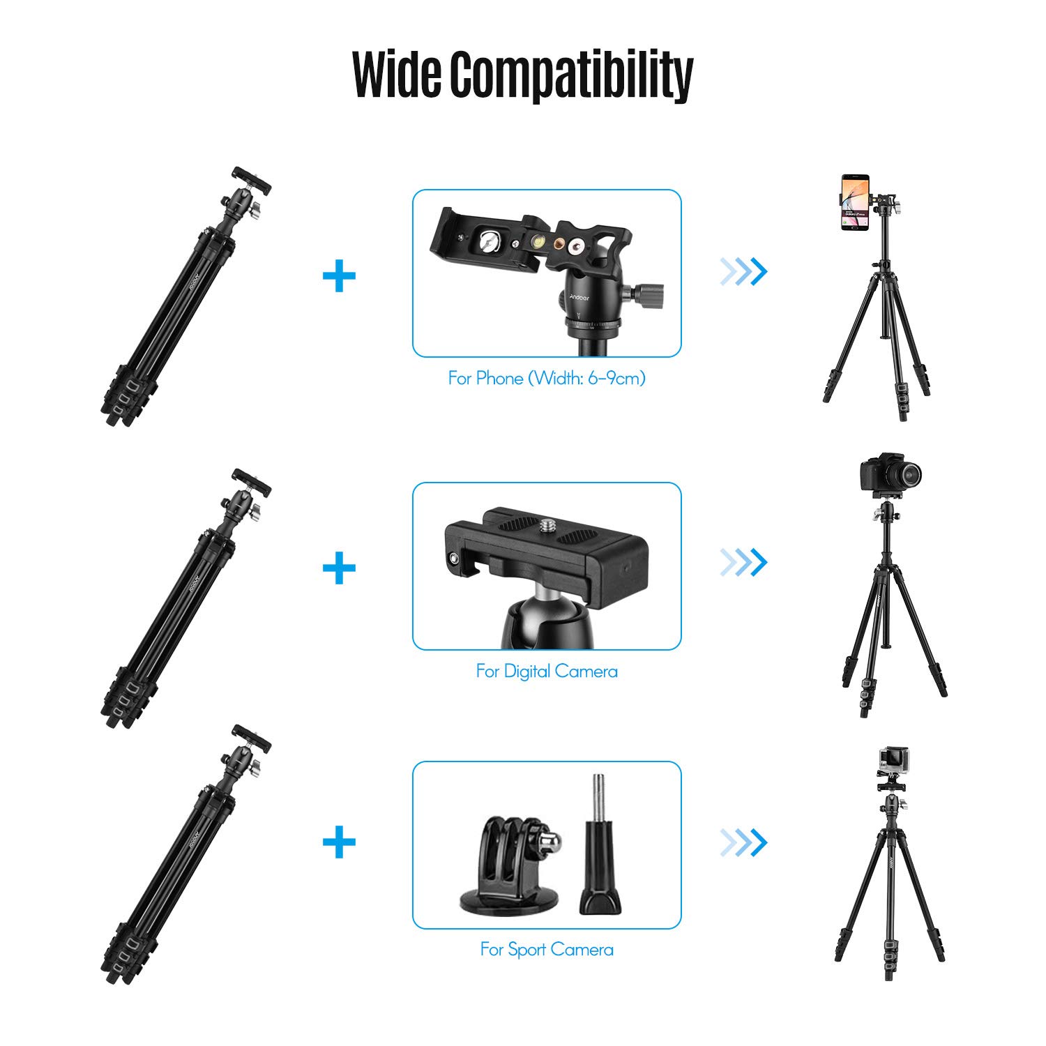 Professional HUIOP Q160H Portable Camera Tripod with 360° Ball Head - Lightweight Travel Tripod for DSLR, Smartphones & Action Cameras | Includes Phone Holder & Remote | Perfect for Vlogging, Photography & Outdoor Adventures