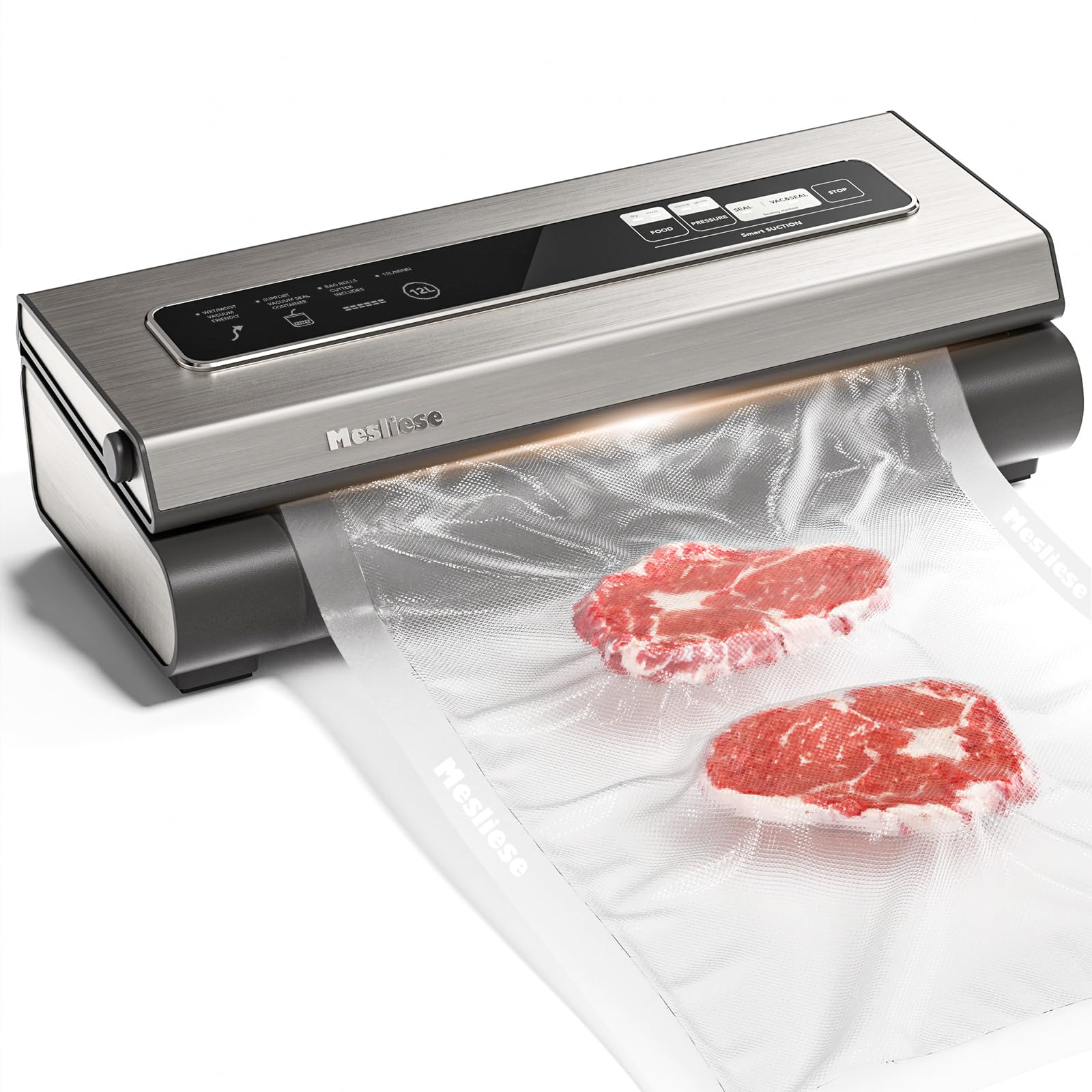 Powerful 90Kpa Vacuum Sealer Machine - 6-in-1 Compact Food Preservation System with Cutter, 2 Bag Rolls & 5 Pre-cut Bags, 12mm Wide Sealing Strip for Dry & Moist Foods | Perfect for Meal Prep, Sous Vide, Freezing & Long-Term Food Storage (Silver)